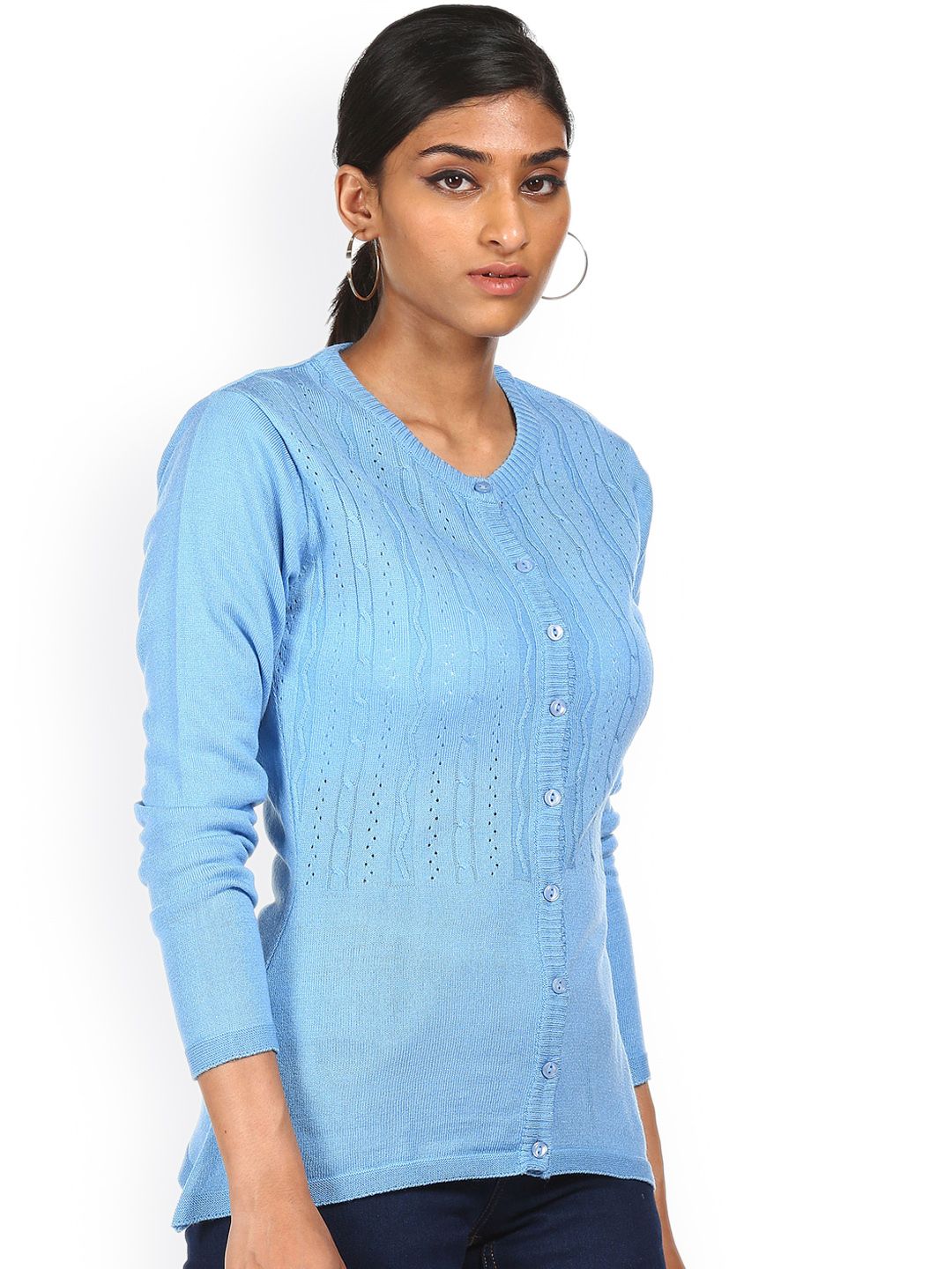 Sugr Women Blue Round Neck Self Design Open Knit Cardigan Price in India