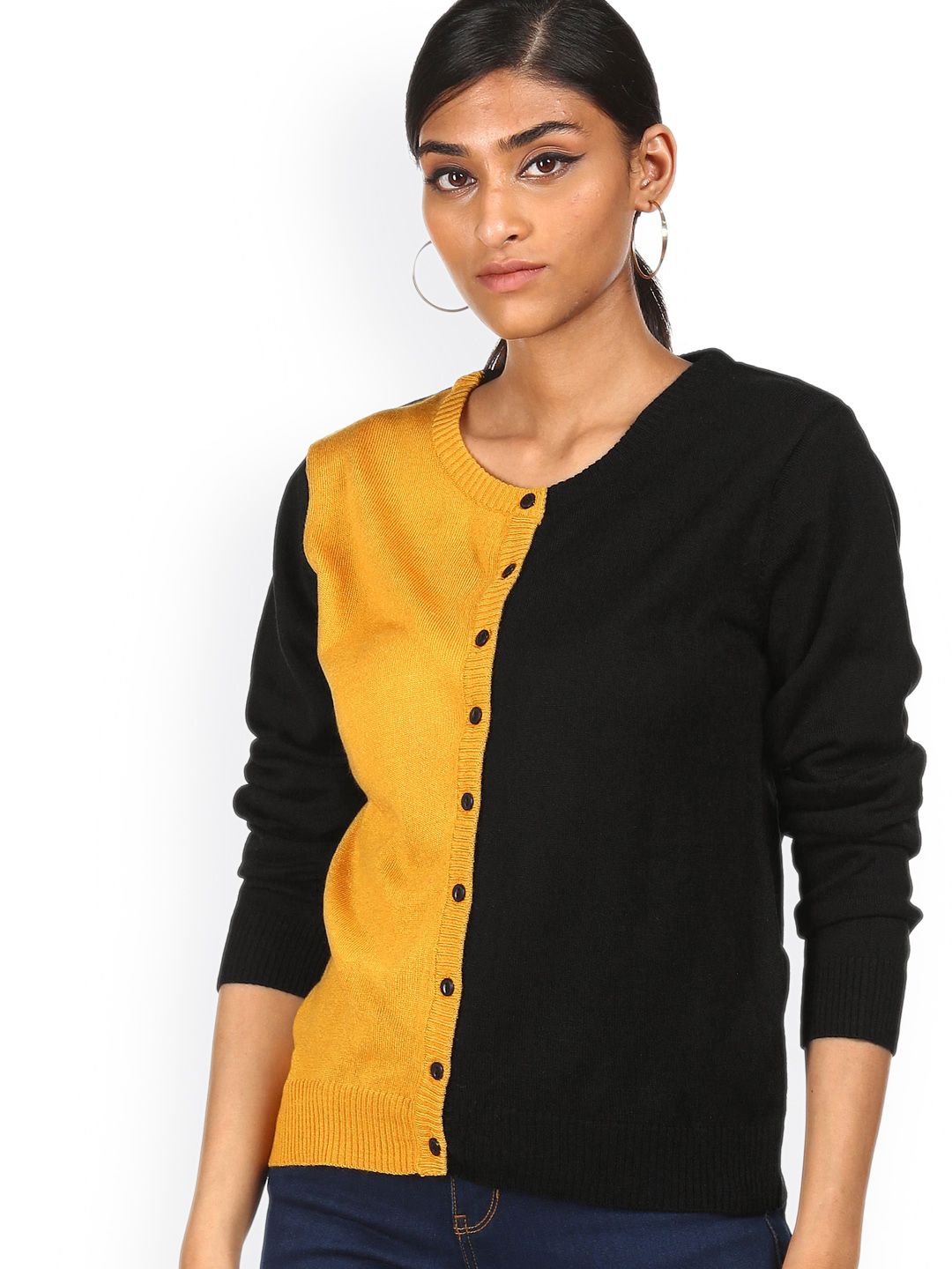 Sugr Women Yellow & Black Colourblocked Cardigan Price in India