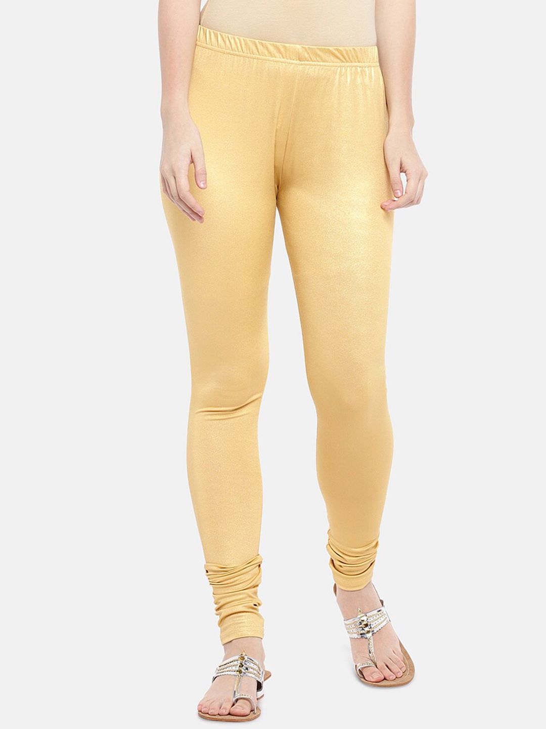 Ethnicity Women Gold-Coloured Solid Churidar-Length Leggings Price in India