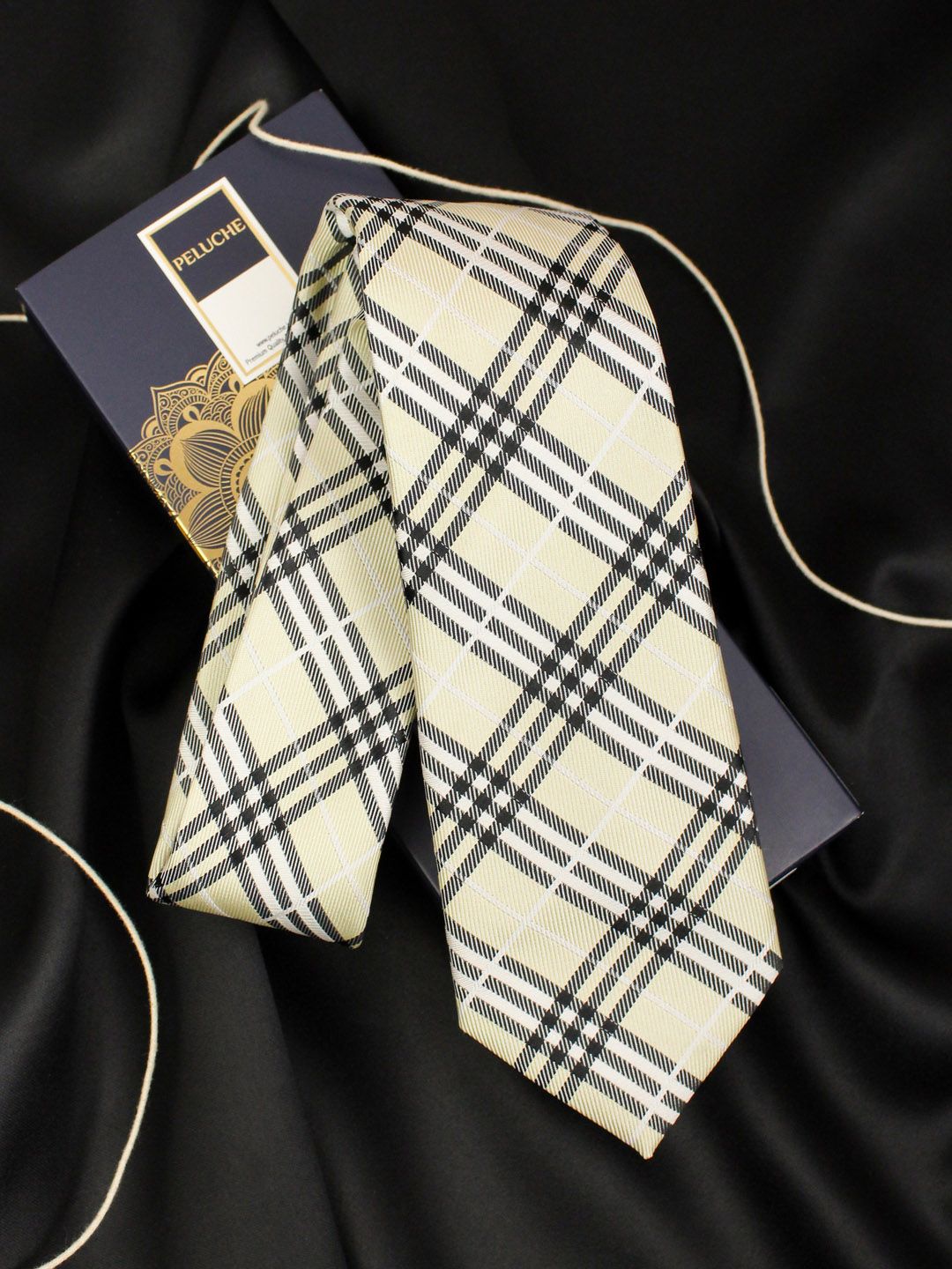 PELUCHE Unisex Beige & Grey Checked Skinny Tie