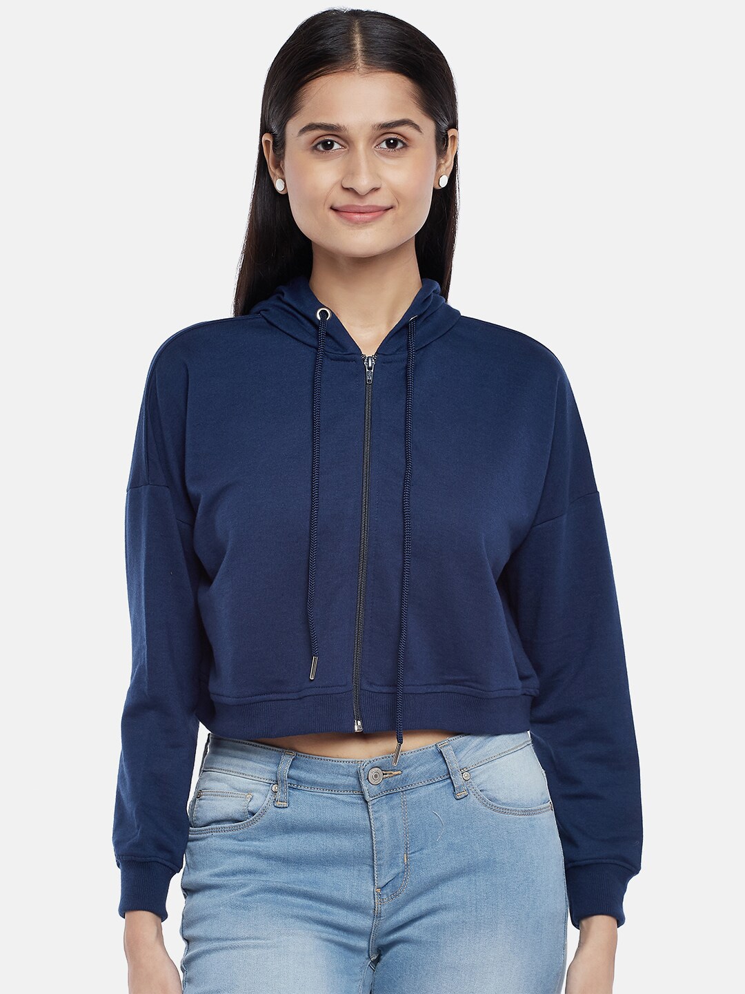People Women Navy Blue Hooded Sweatshirt Price in India