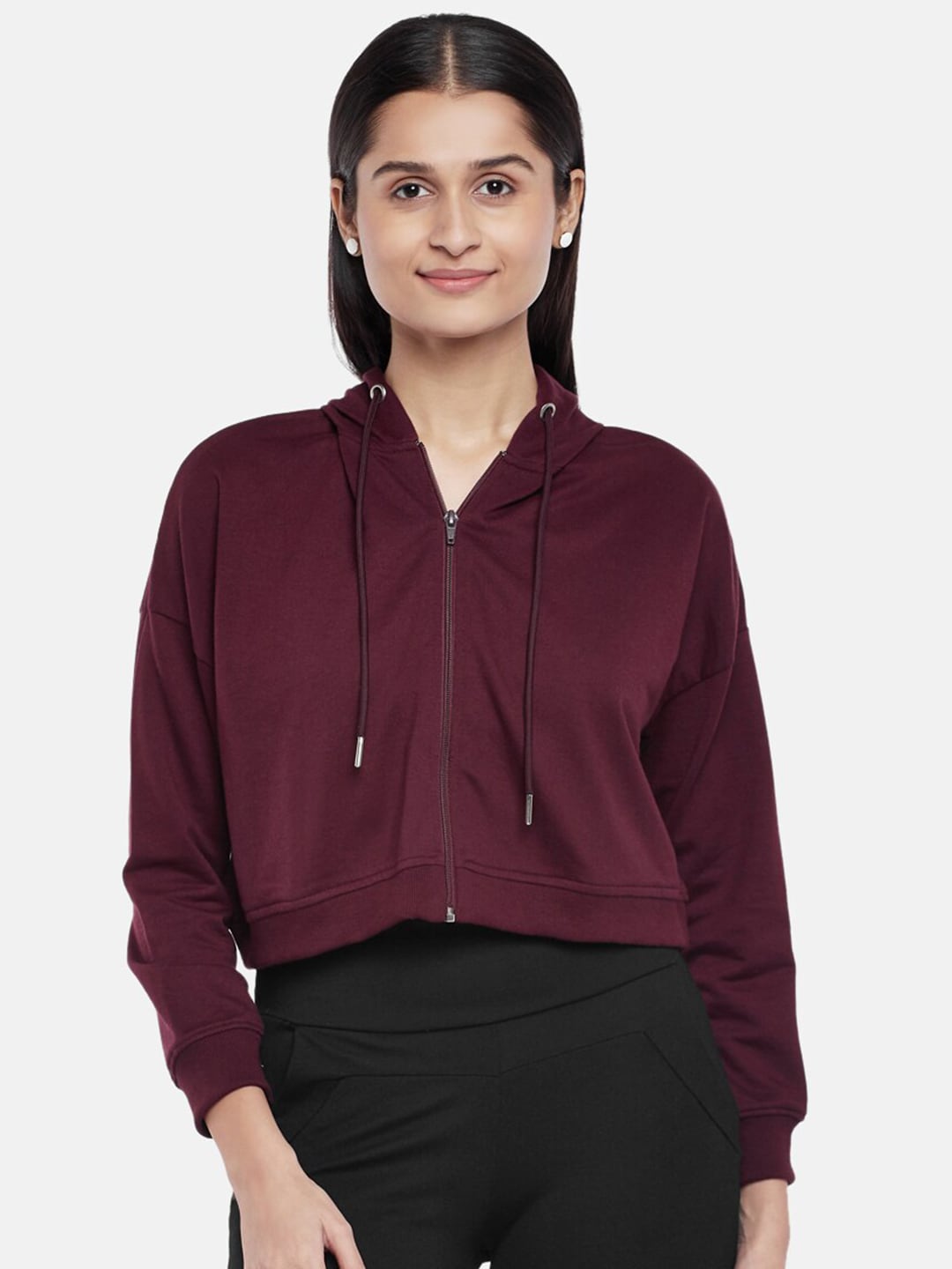 People Women Burgundy Hooded Crop Sweatshirt Price in India