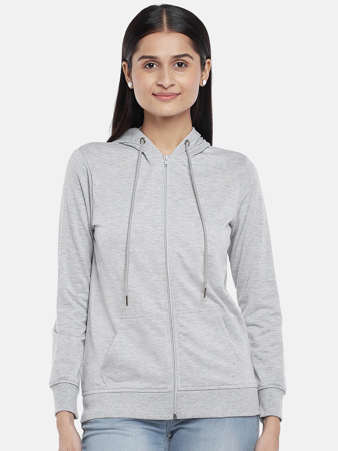 People Women Grey Melange Hooded Sweatshirt Price in India
