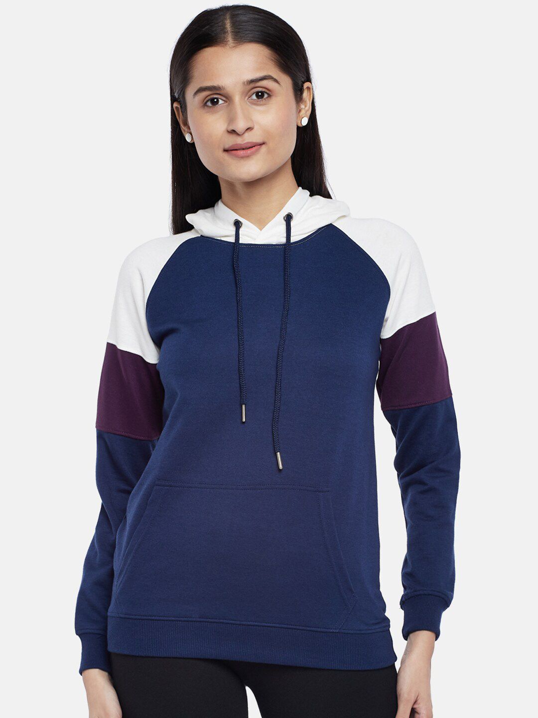 People Women Blue Colourblocked Hooded Sweatshirt Price in India