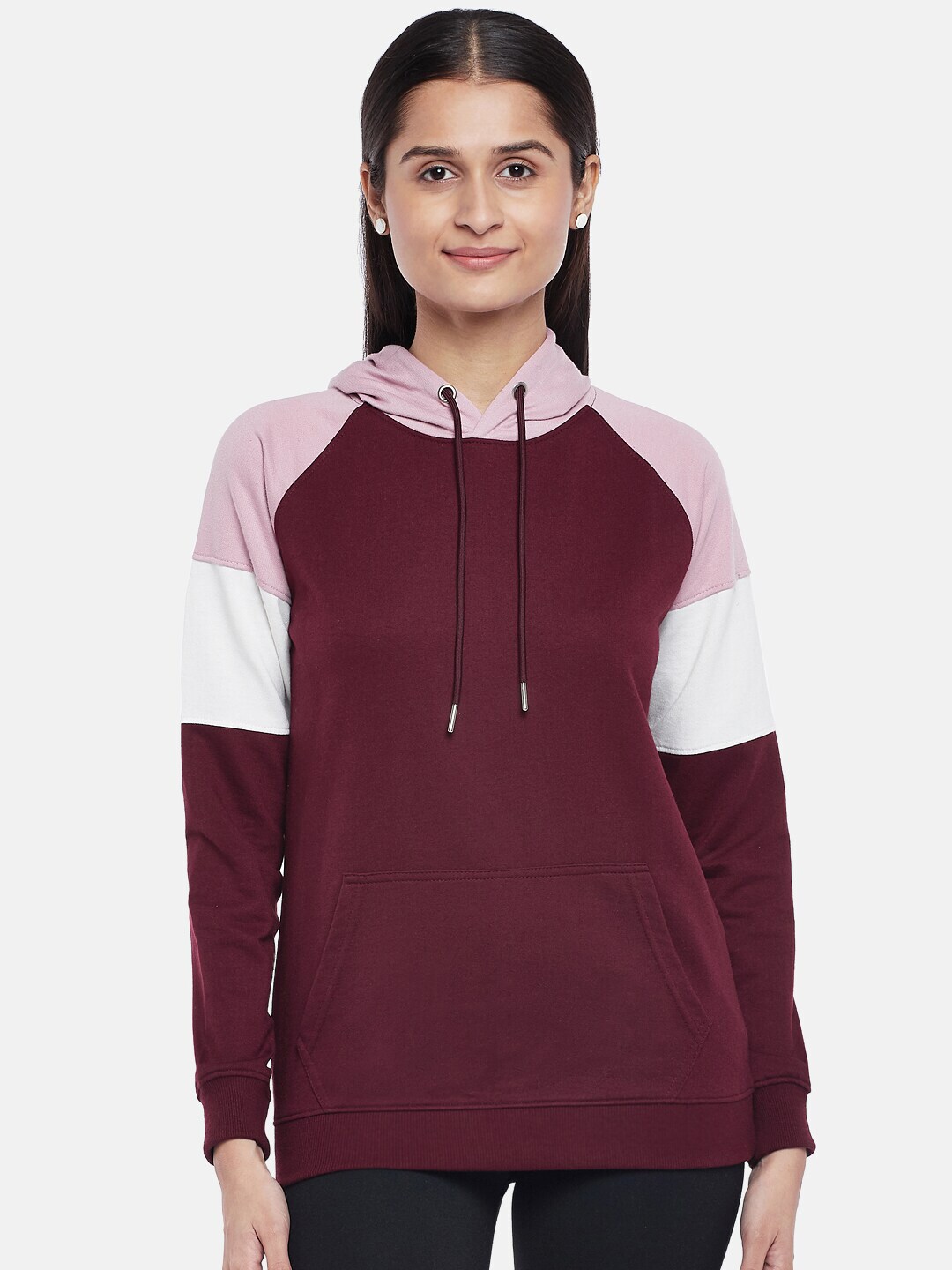 People Women Burgundy Colourblocked Hooded Sweatshirt Price in India