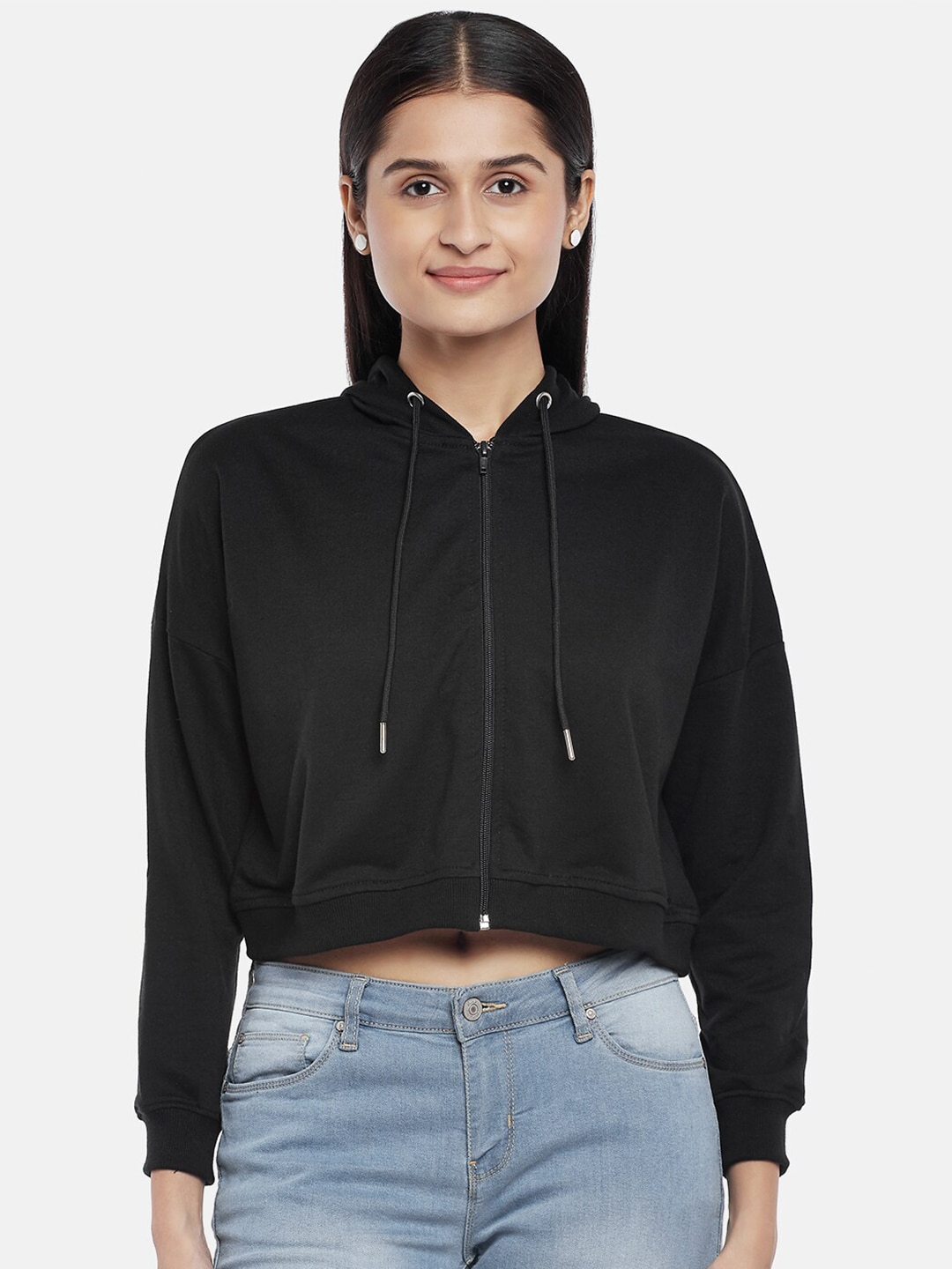 People Women Black Hooded Crop Sweatshirt Price in India