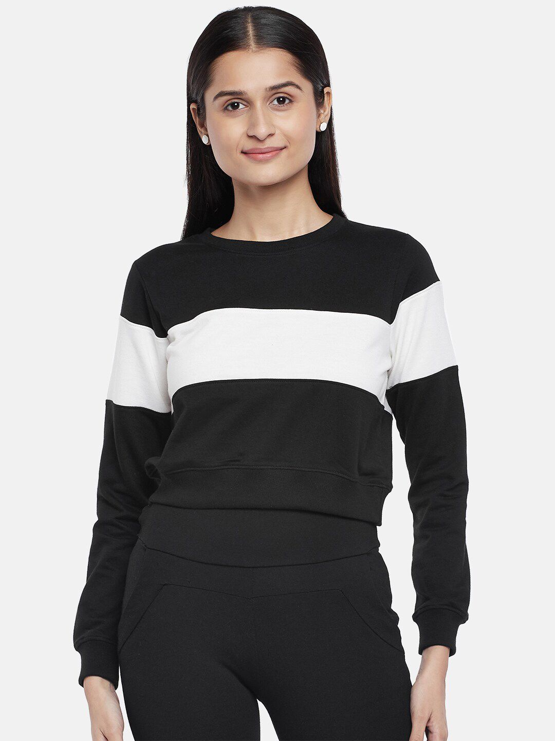 People Women Black & White Colourblocked Crop Sweatshirt Price in India