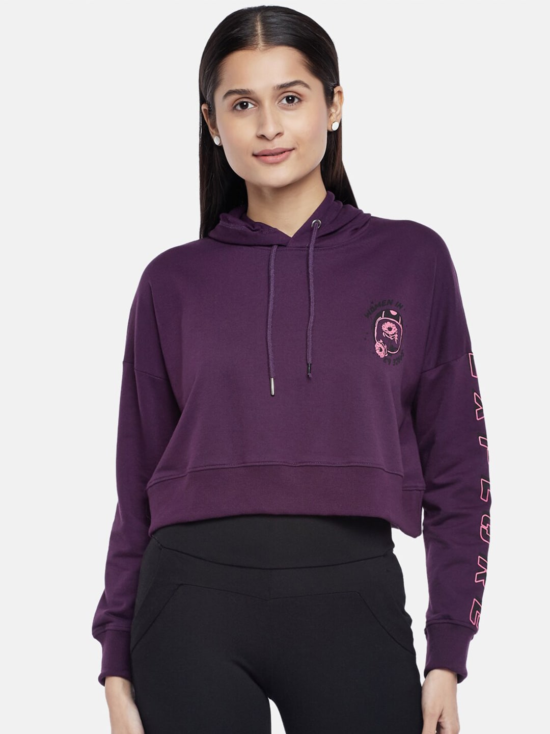 People Women Purple Hooded Sweatshirt Price in India