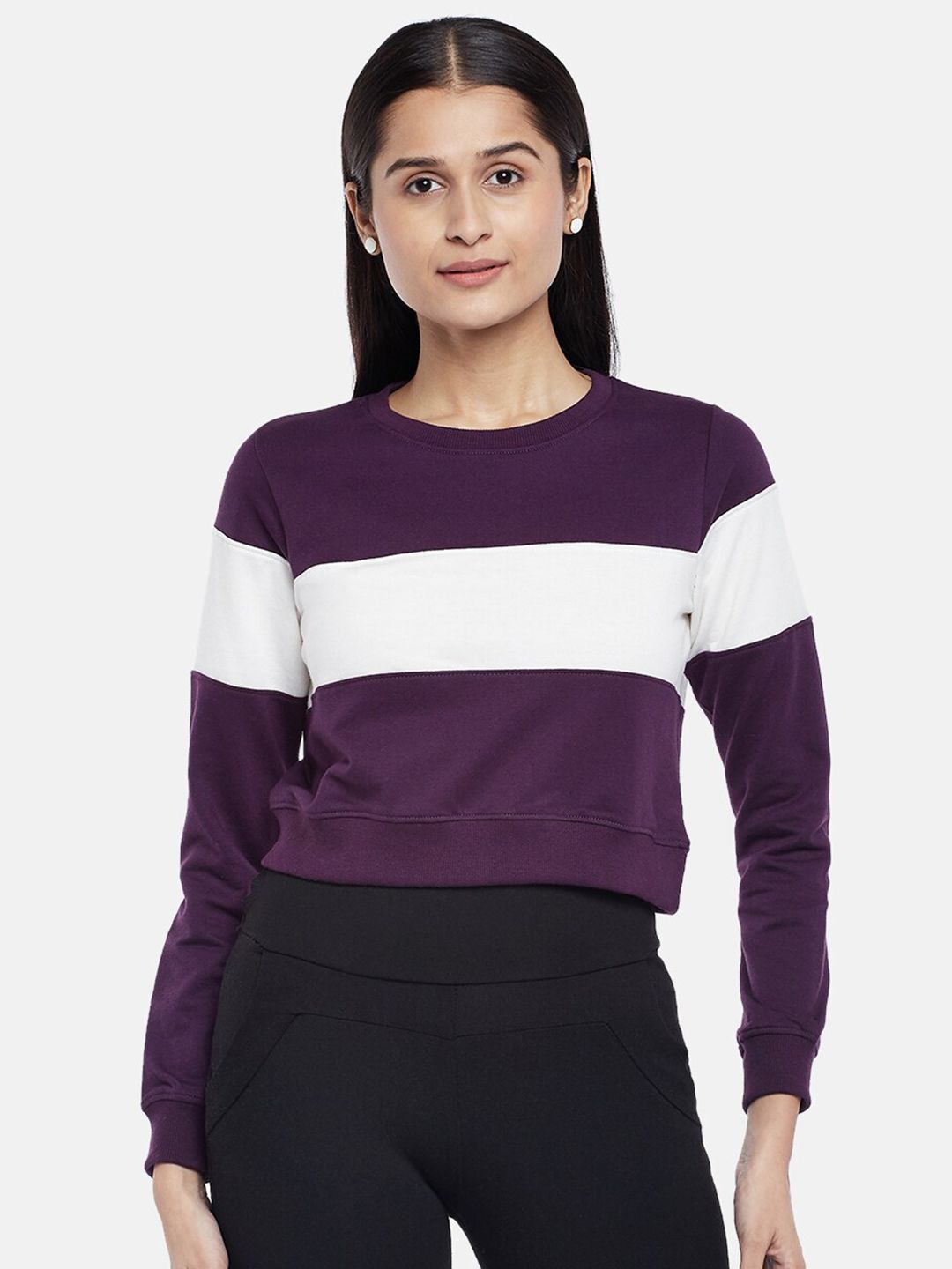 People Women Purple & White Colorblocked Crop Sweatshirt Price in India