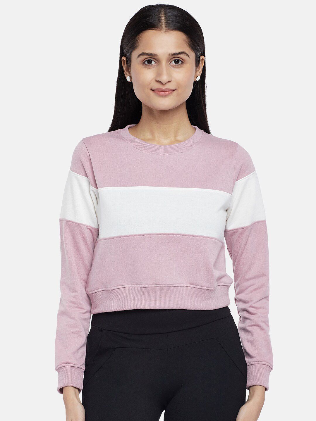 People Women Mauve & White Colourblocked Crop Sweatshirt Price in India