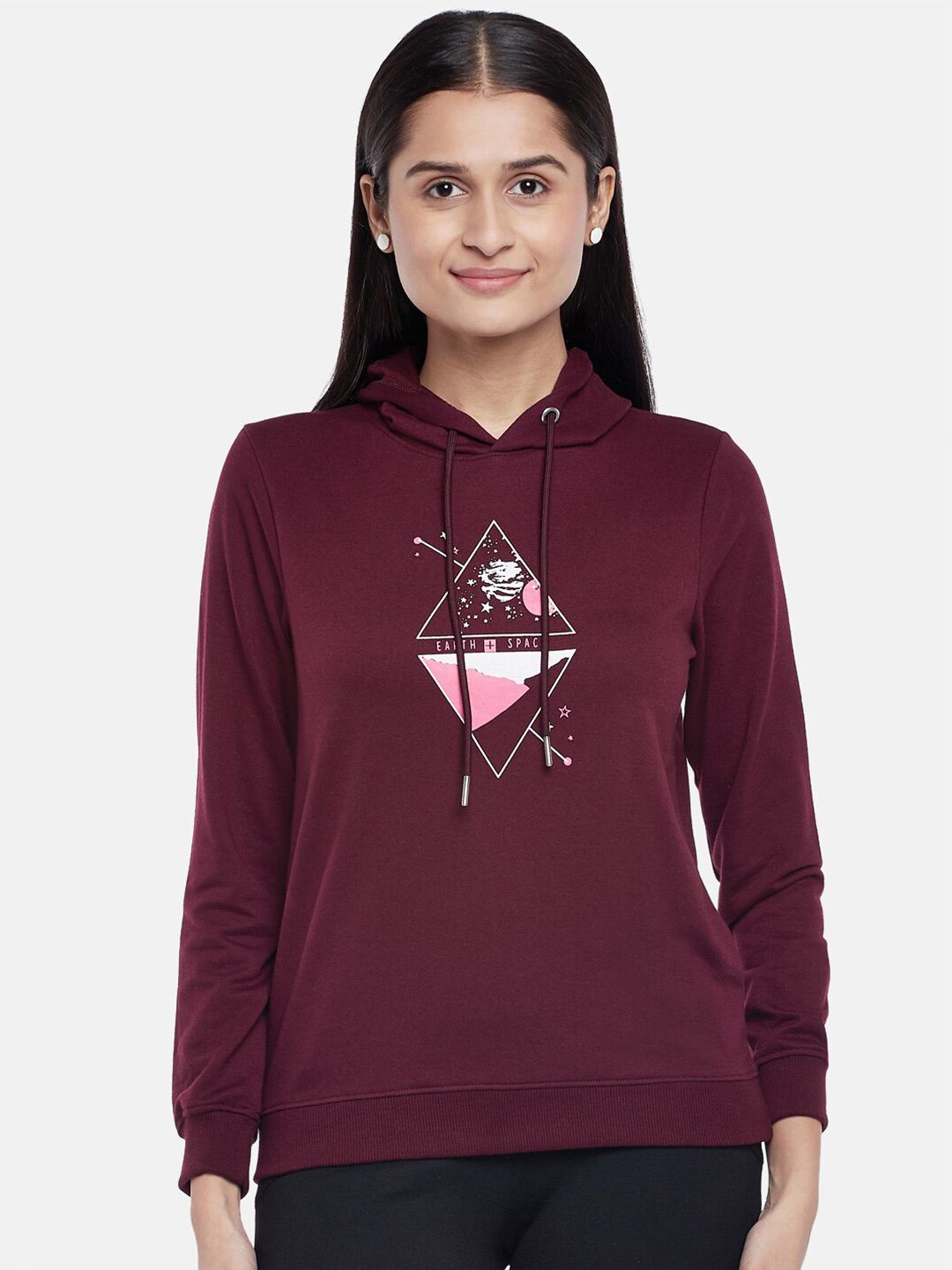 People Women Burgundy Hooded Sweatshirt Price in India