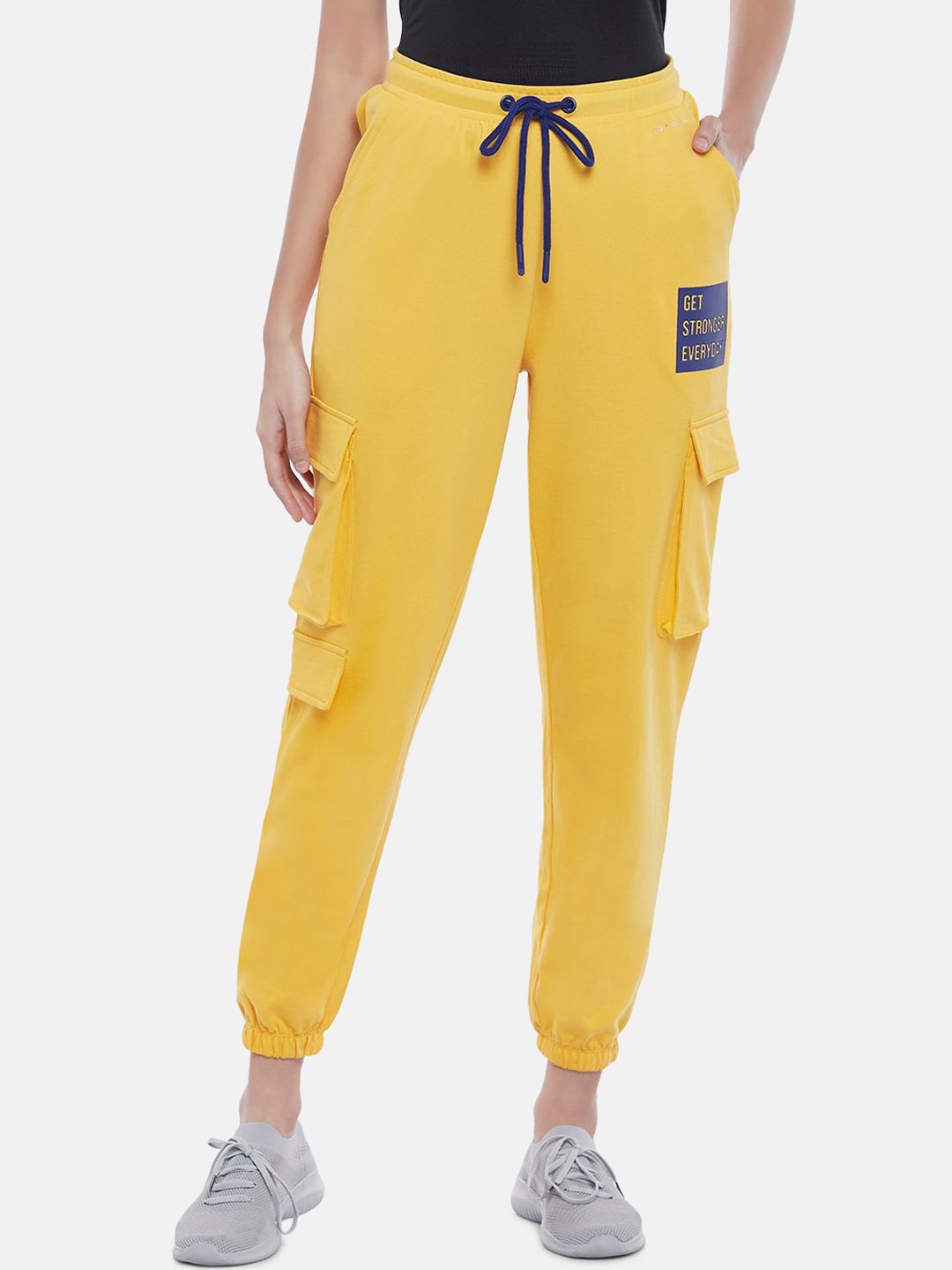 Ajile by Pantaloons Women Yellow & Blue Typography Printed Pure Cotton Joggers Price in India