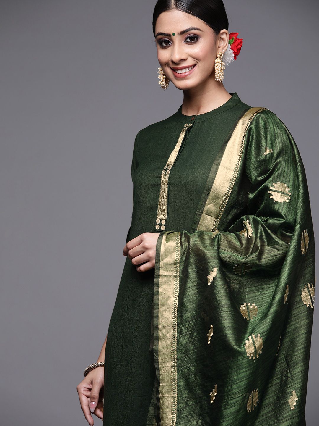 Indo Era Women Green & Golden Ethnic Motifs Yoke Design Kurta with Trousers & Dupatta Price in India