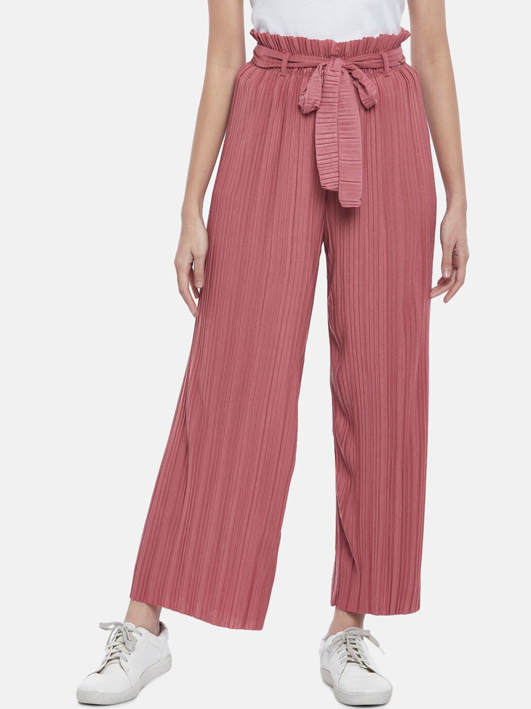 Honey by Pantaloons Women Rose Pleated Parallel Trousers with Belt Price in India