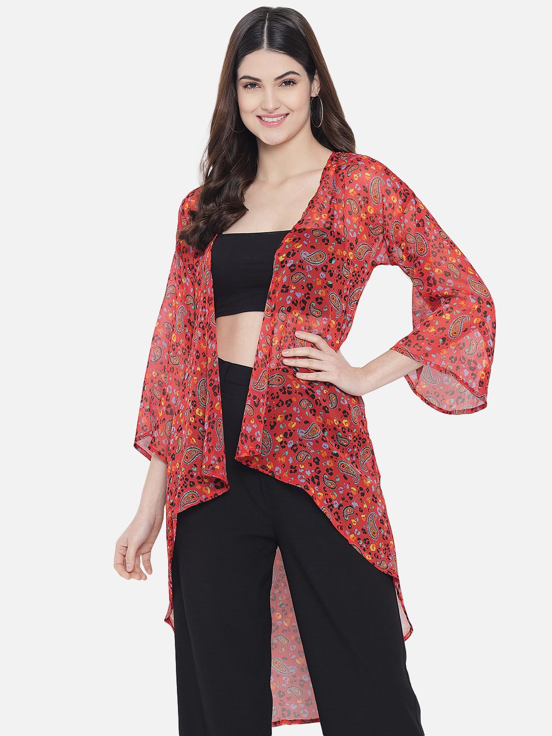 Trend Arrest Women Red & Yellow Printed Waterfall Shrug Price in India