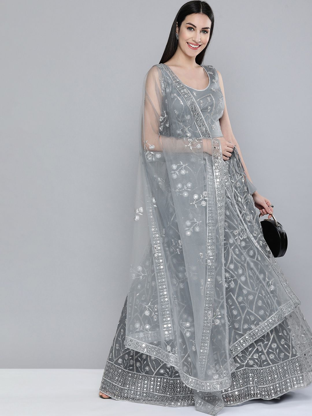 Kvsfab Grey Embroidered Sequinned Unstitched Lehenga & Blouse With Dupatta Price in India