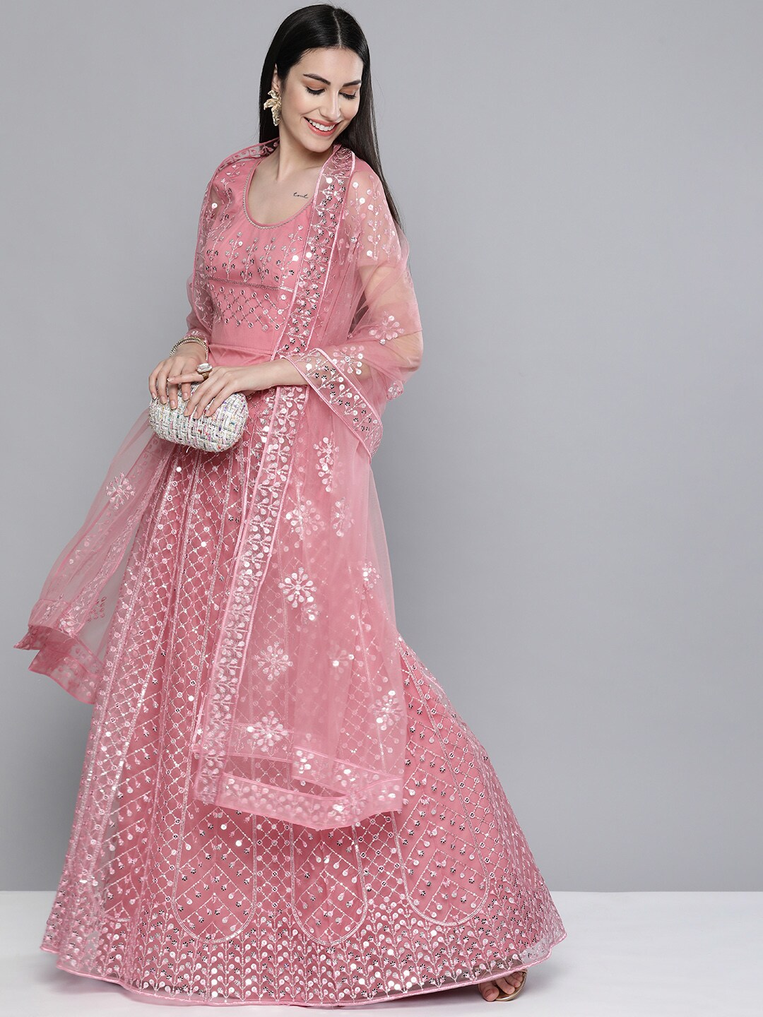Kvsfab Pink Embroidered Sequinned Unstitched Lehenga & Blouse With Dupatta Price in India
