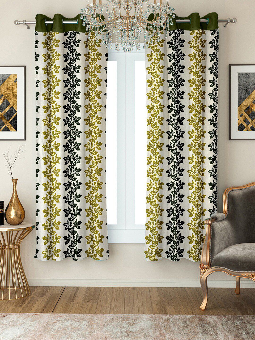 Cortina White & Green Set Of 2 Floral Printed Regular Window Curtains Price in India