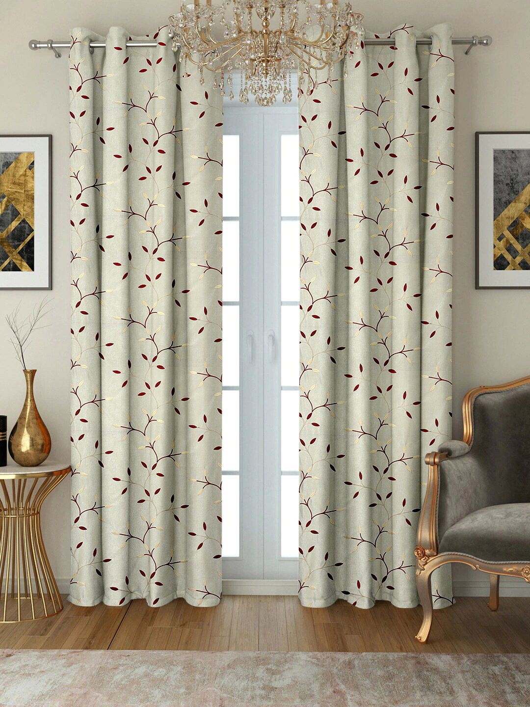 Cortina White & Maroon Set Of 2 Floral Printed Regular Door Curtains Price in India