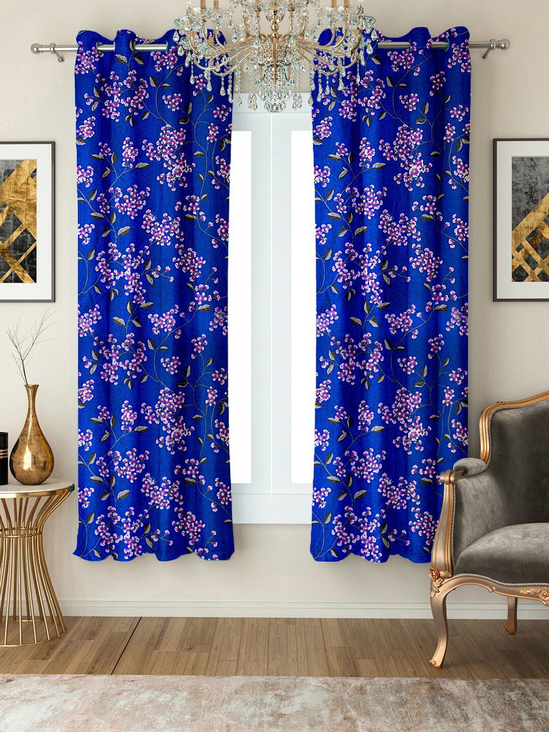 Cortina Blue & Purple Set of 2 Floral Printed Window Curtain Price in India