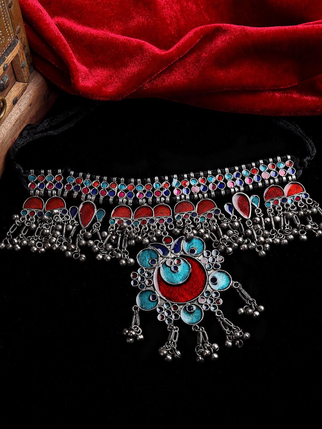 Moedbuille Silver-Toned & Blue Brass Silver-Plated Meenakari Necklace Price in India