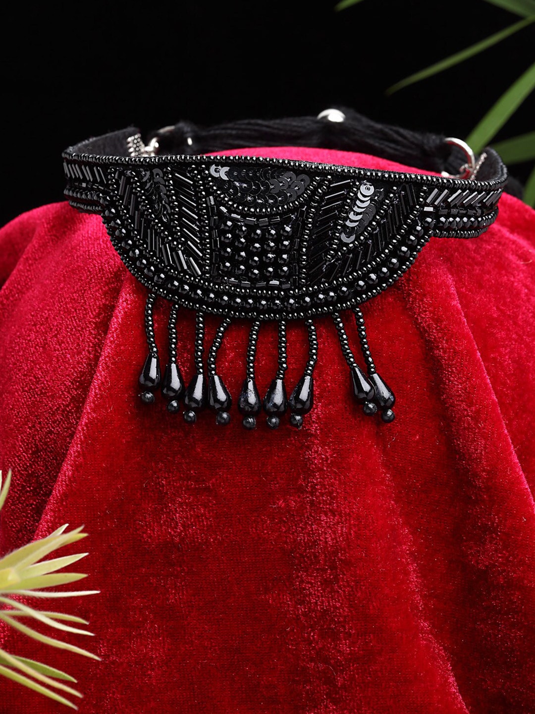 Moedbuille Black Brass Silver-Plated Sequined & Pearl Beaded Choker Necklace Price in India