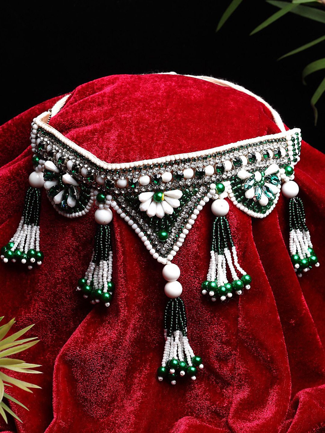 Moedbuille Silver-Plated White & Green Brass CZ Studded Pearl Beaded Choker Necklace Price in India