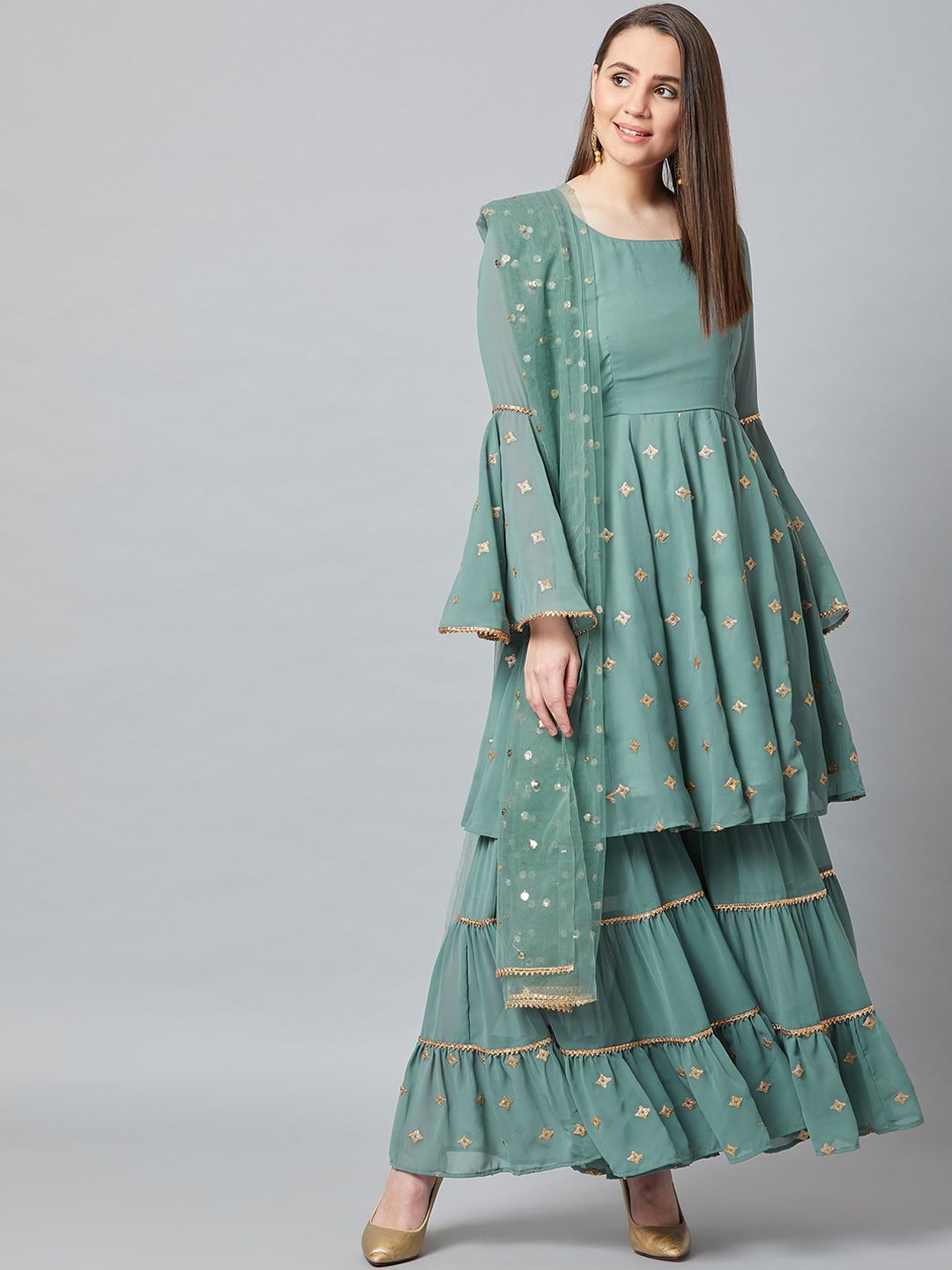 PANIT Women Sea Green Embroidered Tiered Gotta Patti Kurta with Sharara & With Dupatta Price in India