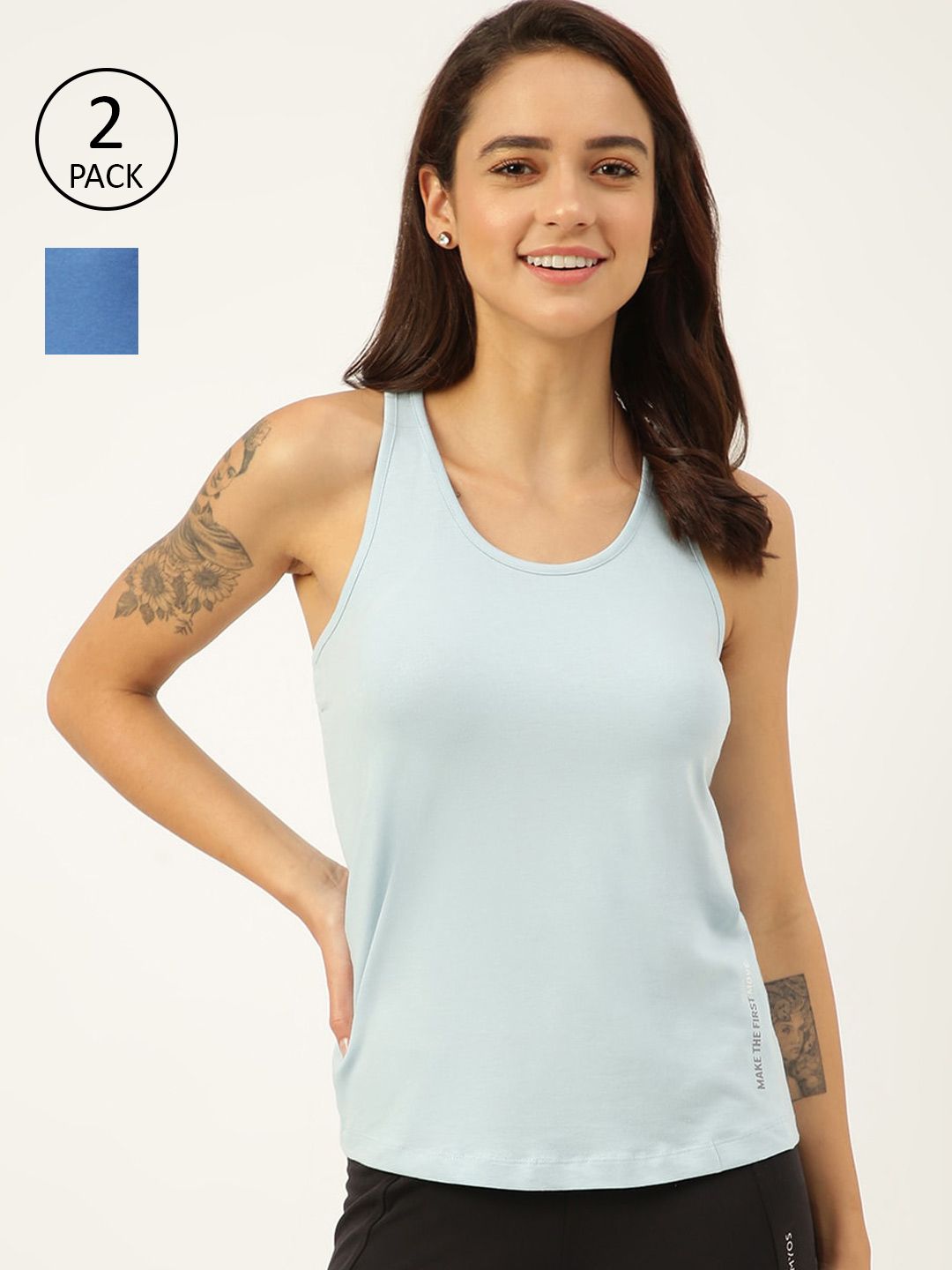 FREECULTR Women Blue Pack Of 2 Solid Regular Fit Cotton Running Tank T-shirts Price in India