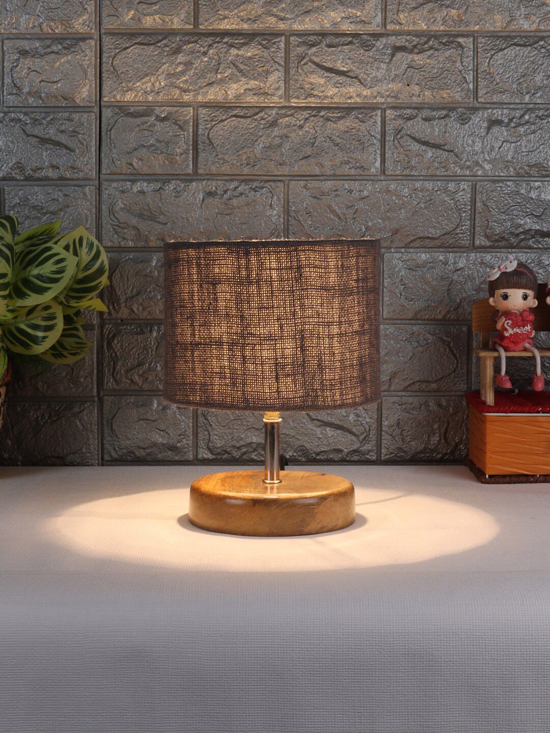 Devansh Beige & Grey Wooden Table Lamp with Jute Shade Price in India