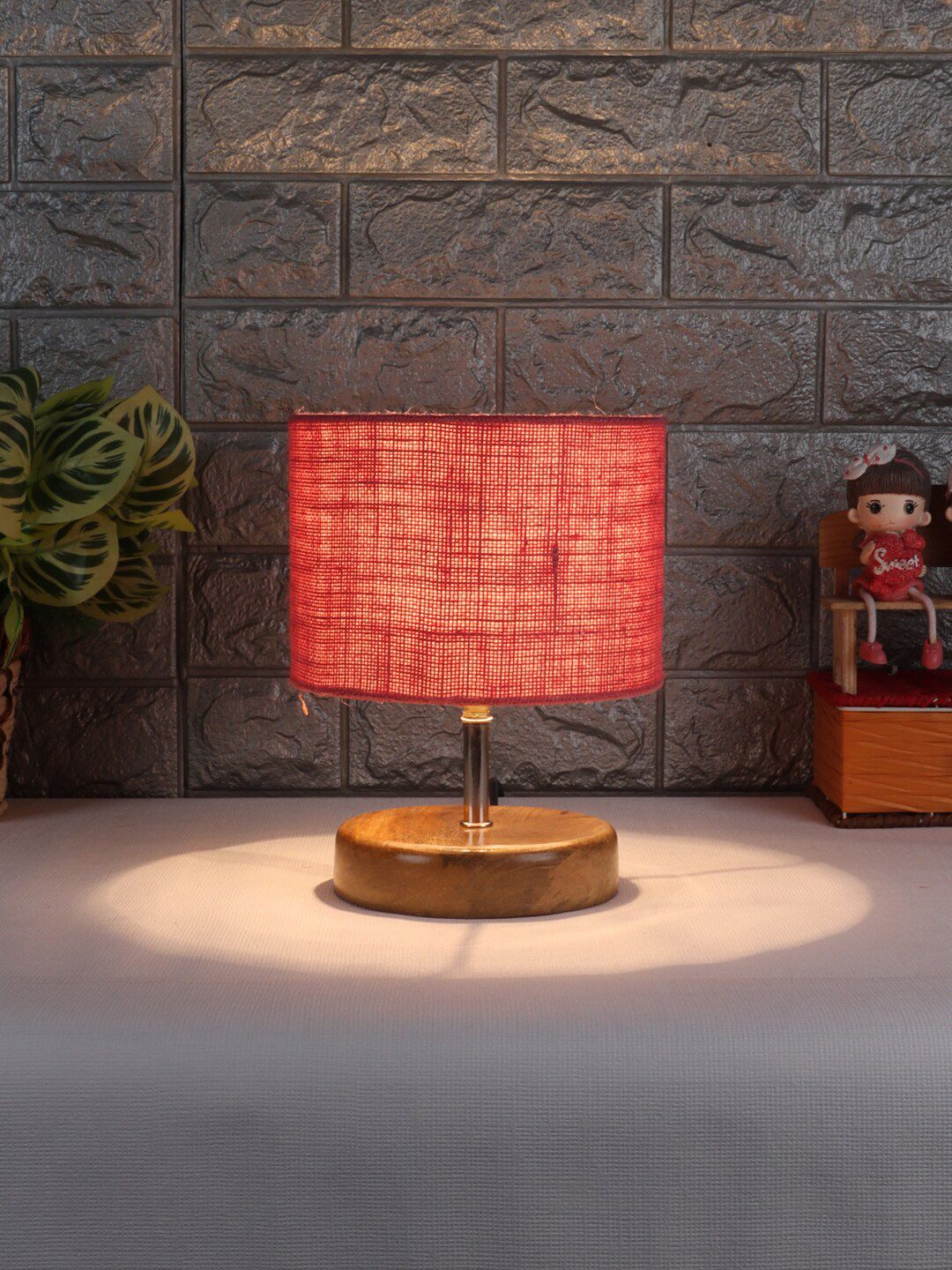 Devansh Pink & Beige Wooden Table Lamp with Jute Shade Price in India