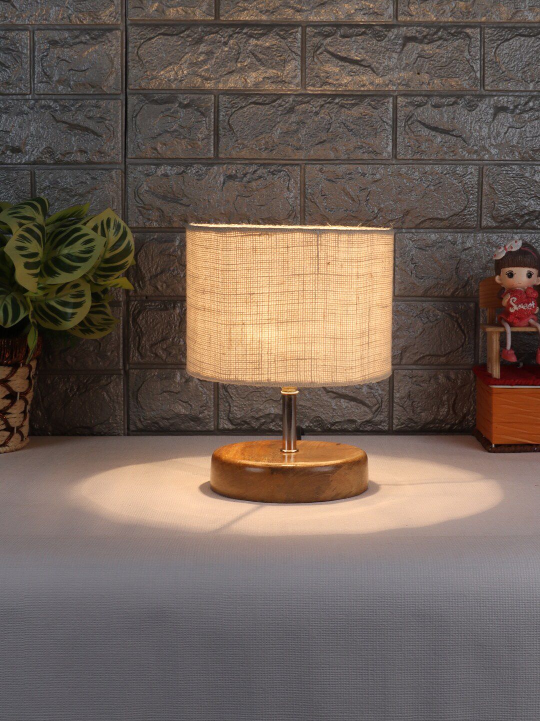 Devansh White Solid Traditional Table Lamp With Jute Shade Price in India