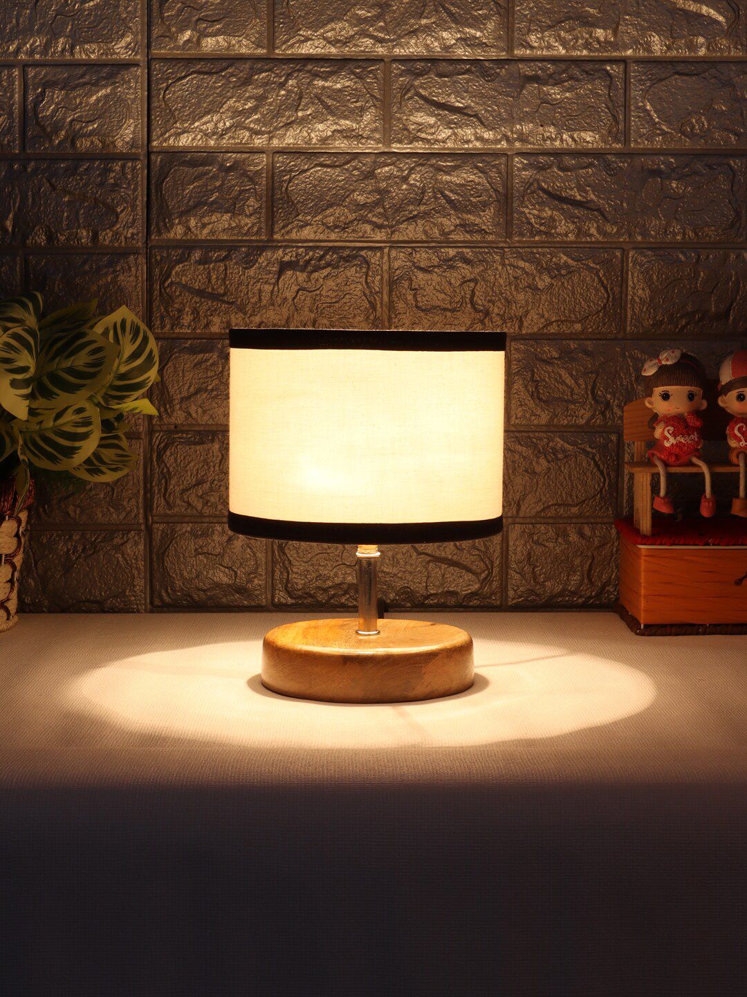 Devansh White & Beige Wooden Table Lamp with Cotton Shade Price in India