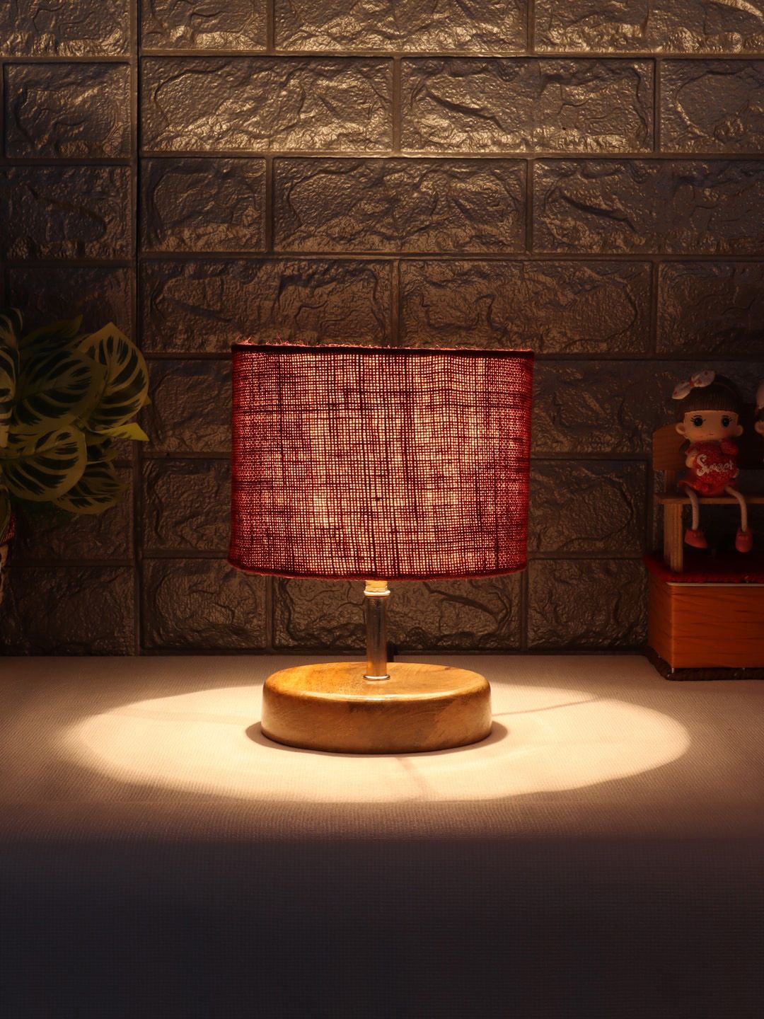 Devansh Maroon & Beige Wooden Table Lamp with Jute Shade Price in India