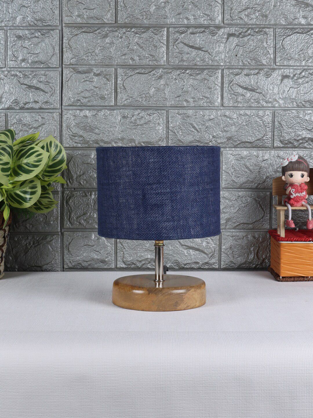 Devansh Beige & Blue Wooden Table Lamp with Jute Shade Price in India