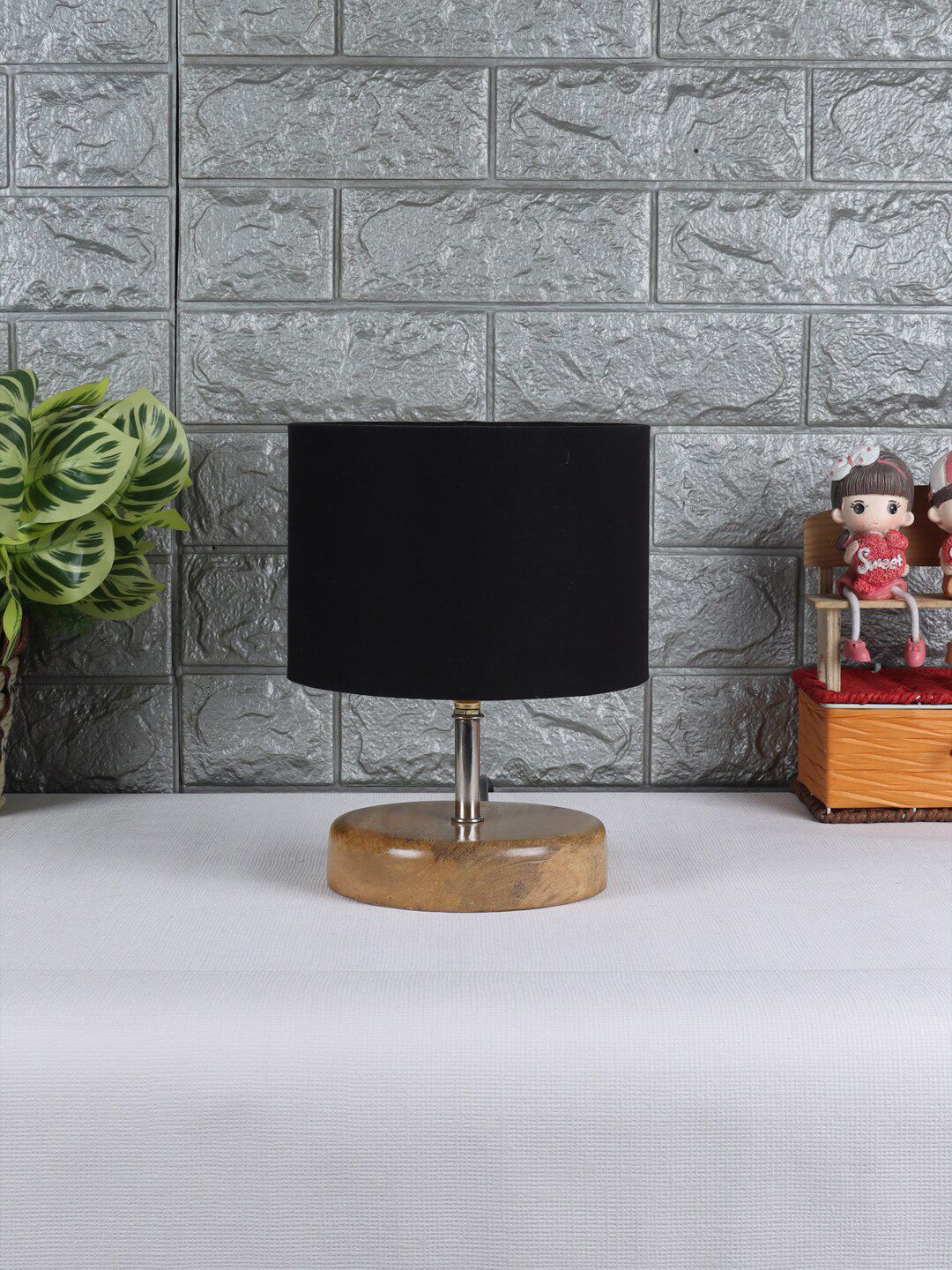 Devansh Beige & Black Wooden Table Lamp with Cotton Shade Price in India