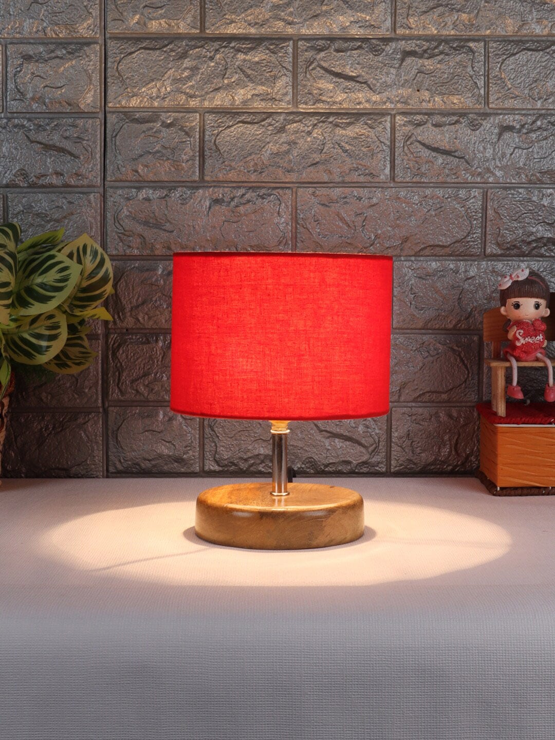 Devansh Red & Beige Wooden Table Lamp with Cotton Shade Price in India