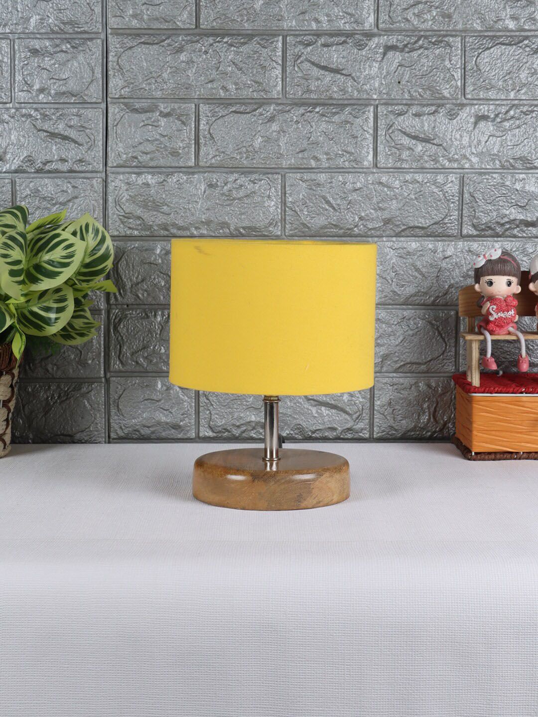 Devansh Beige & Yellow Wooden Table Lamp with Cotton Shade Price in India