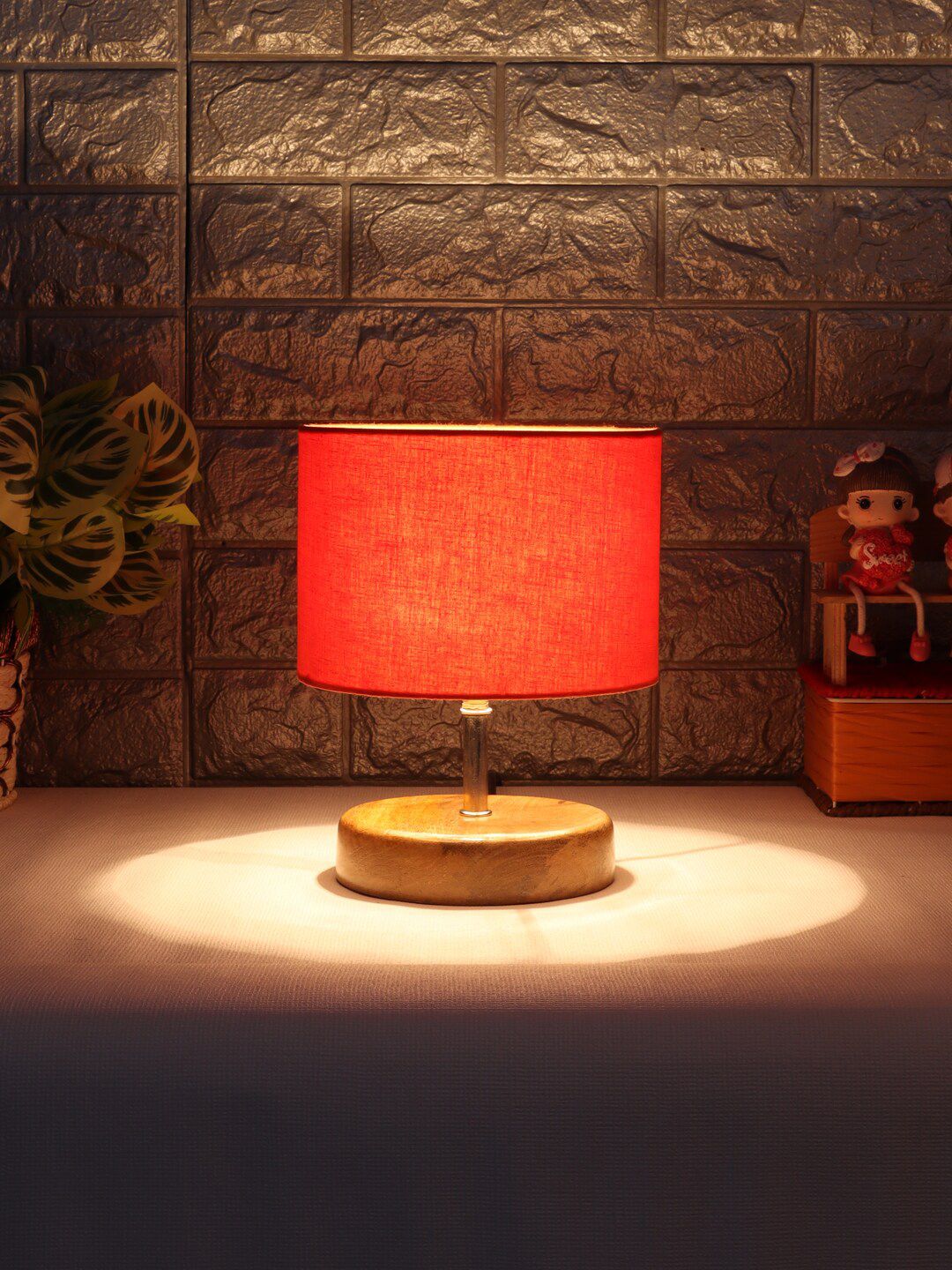 Devansh Orange & Beige Wooden Table Lamp with Cotton Shade Price in India