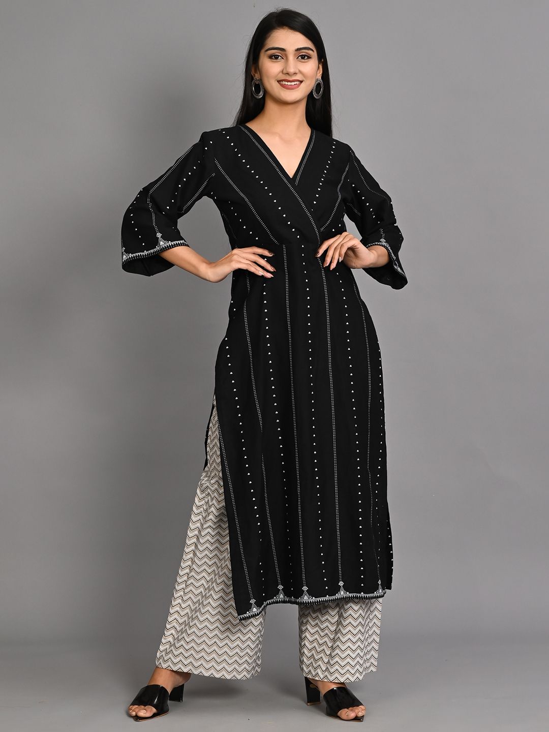 Bavaria Women Black Striped Angrakha Kurta with Palazzos Price in India