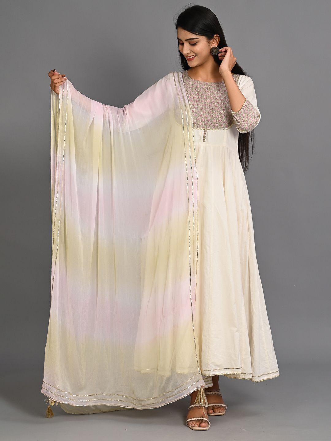 Bavaria Women Off White Ethnic Motifs Yoke Design Gotta Patti Pure Cotton Kurta with Trousers & With Dupatta Price in India