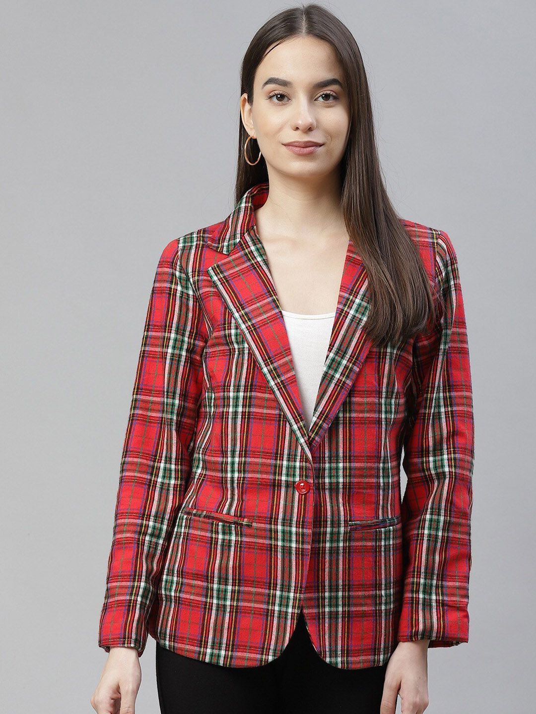 Cottinfab Women Red & Black Checked Pure Cotton Single-Breasted Casual Blazer Price in India