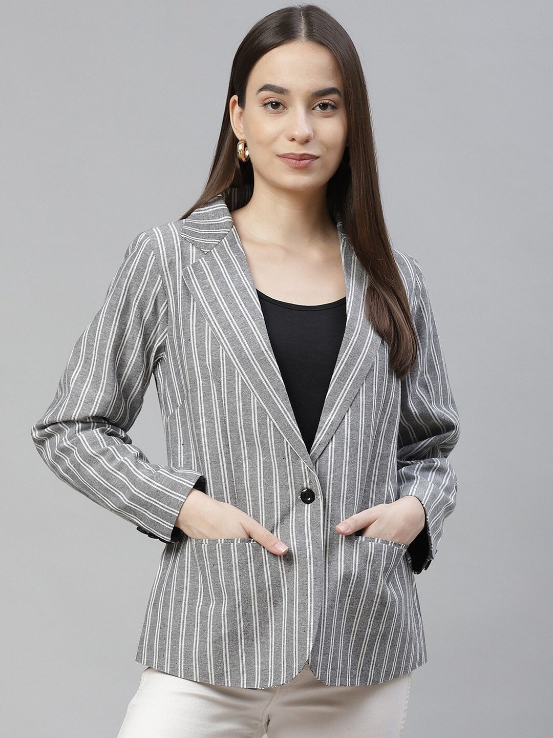 Cottinfab Women Grey & White Striped Pure Cotton Single-Breasted Casual Blazer Price in India