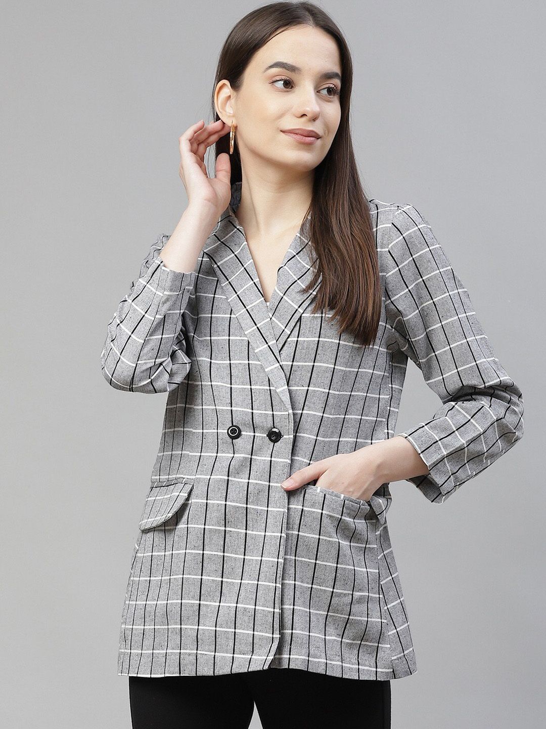 Cottinfab Women Grey & Black Checked Double Breasted Blazer Price in India