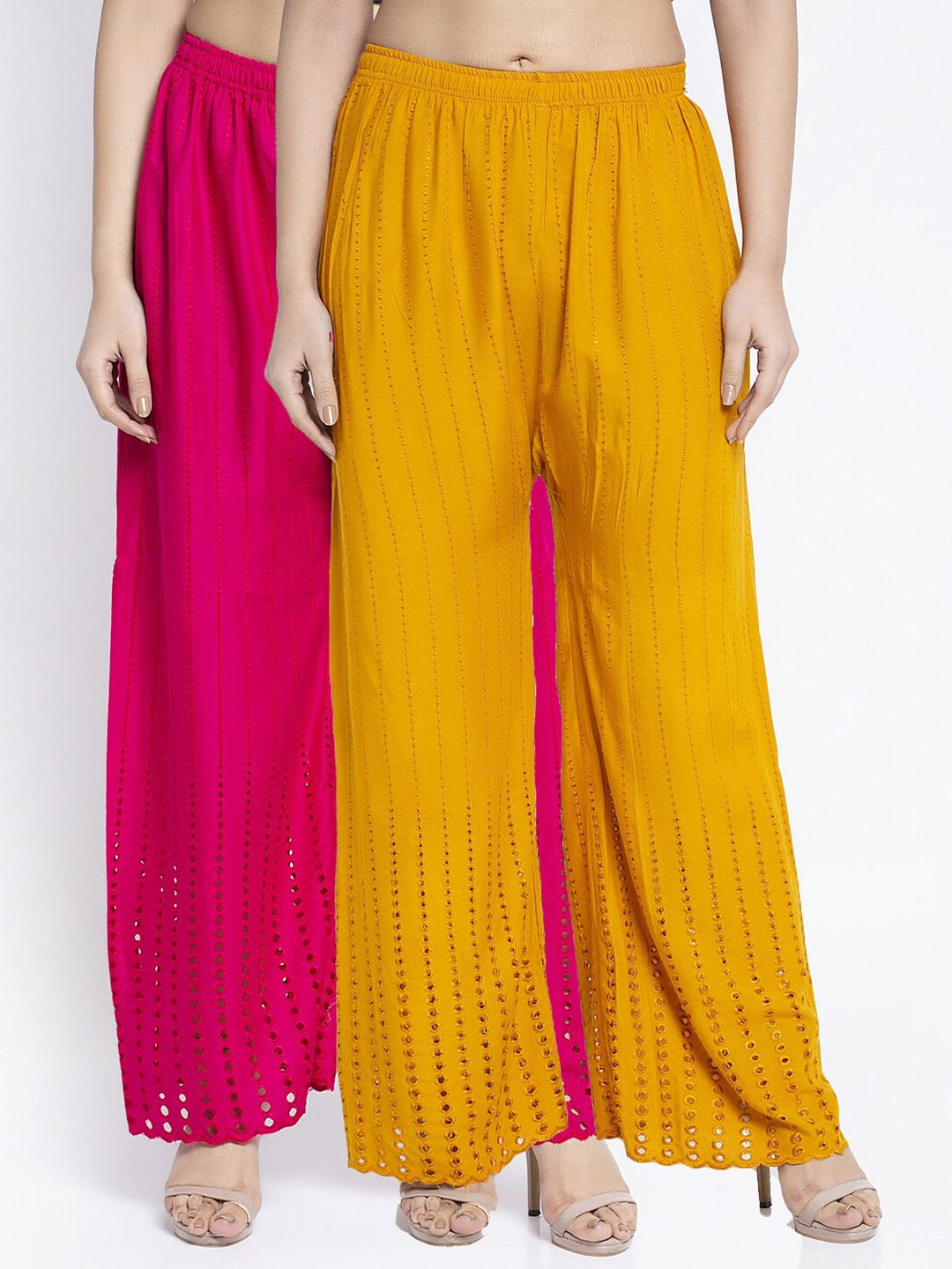 GRACIT Women Pink & Yellow Pack of 2 Minar Embroidered Flared Ethnic Palazzos Price in India