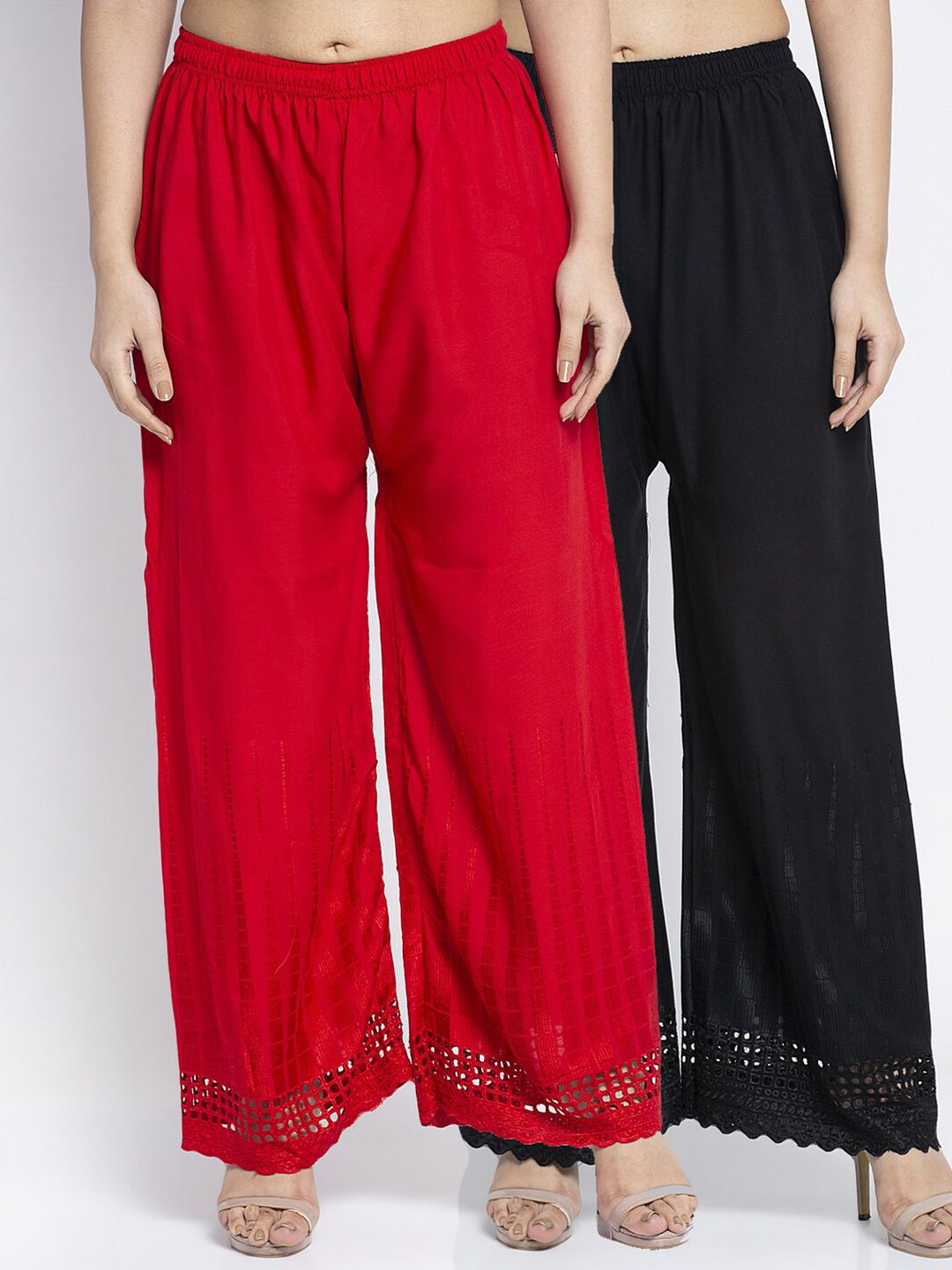 GRACIT Women Black & Red Pack of 2 Hem Design Wide Leg Fit Ethnic Palazzos Price in India