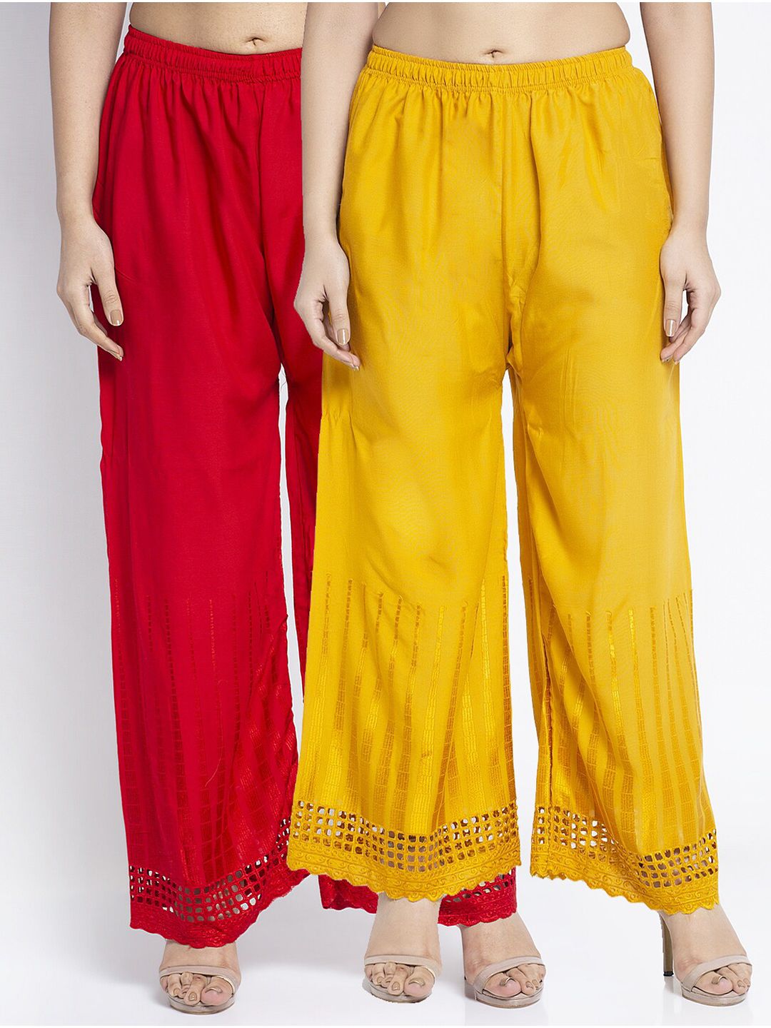 GRACIT Women Red & Yellow Set Of 2 Self Design Rayon Flared Knitted Ethnic Palazzos Price in India