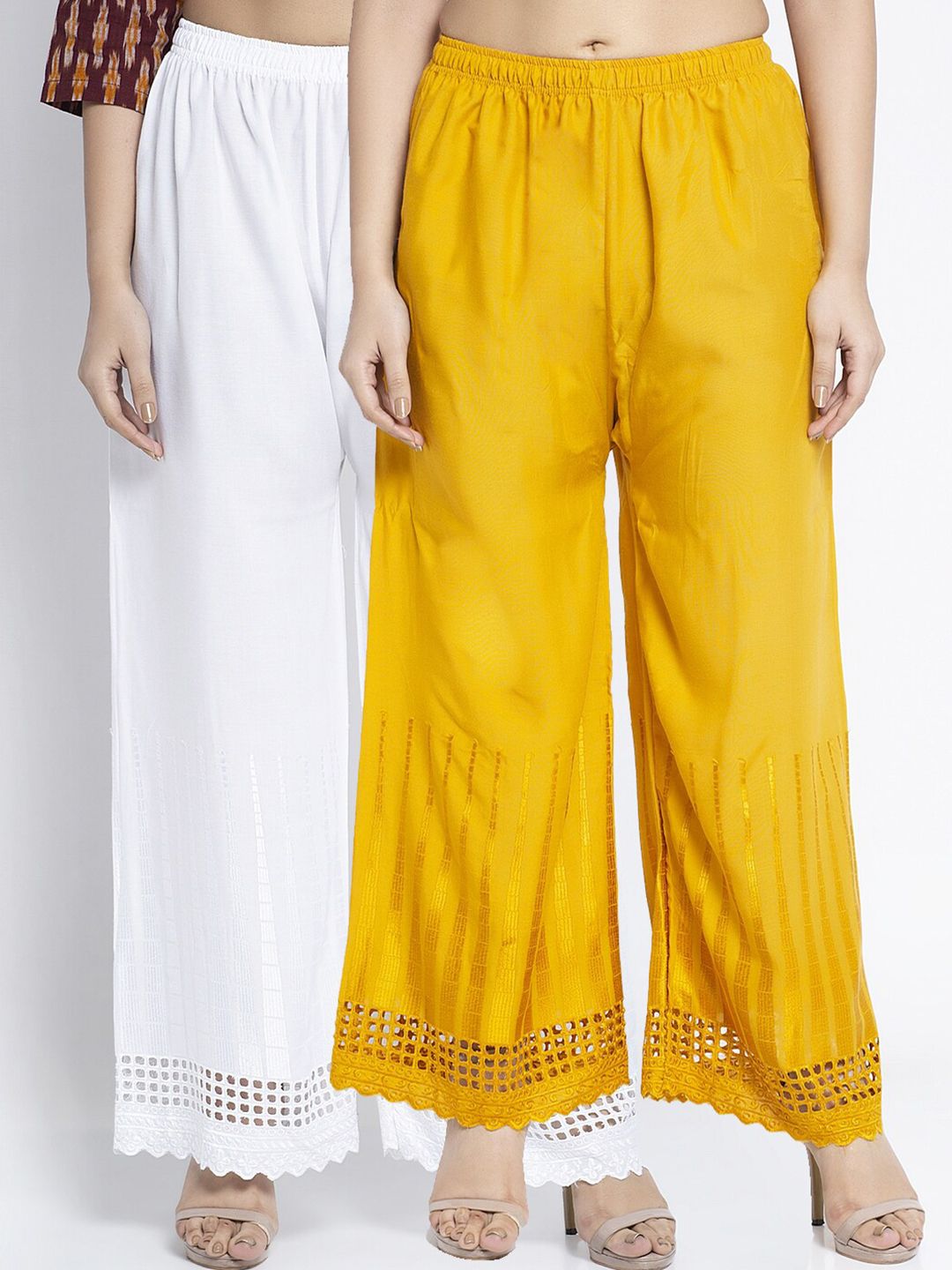 GRACIT Women White & Yellow Set Of 2 Rayon Flared Ethnic Palazzos Price in India