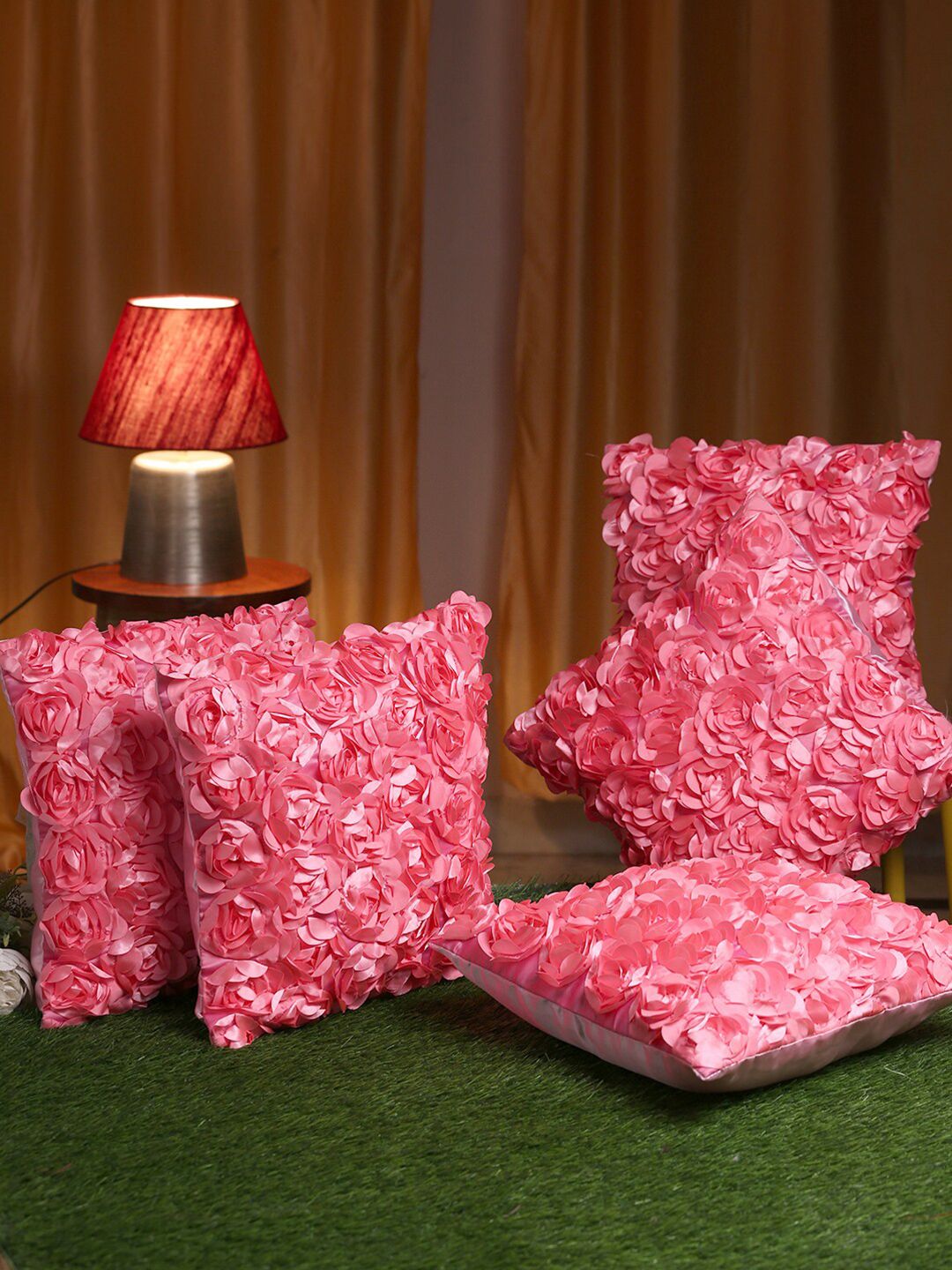 HOSTA HOMES Pink Set of 5 Floral Square Cushion Covers Price in India