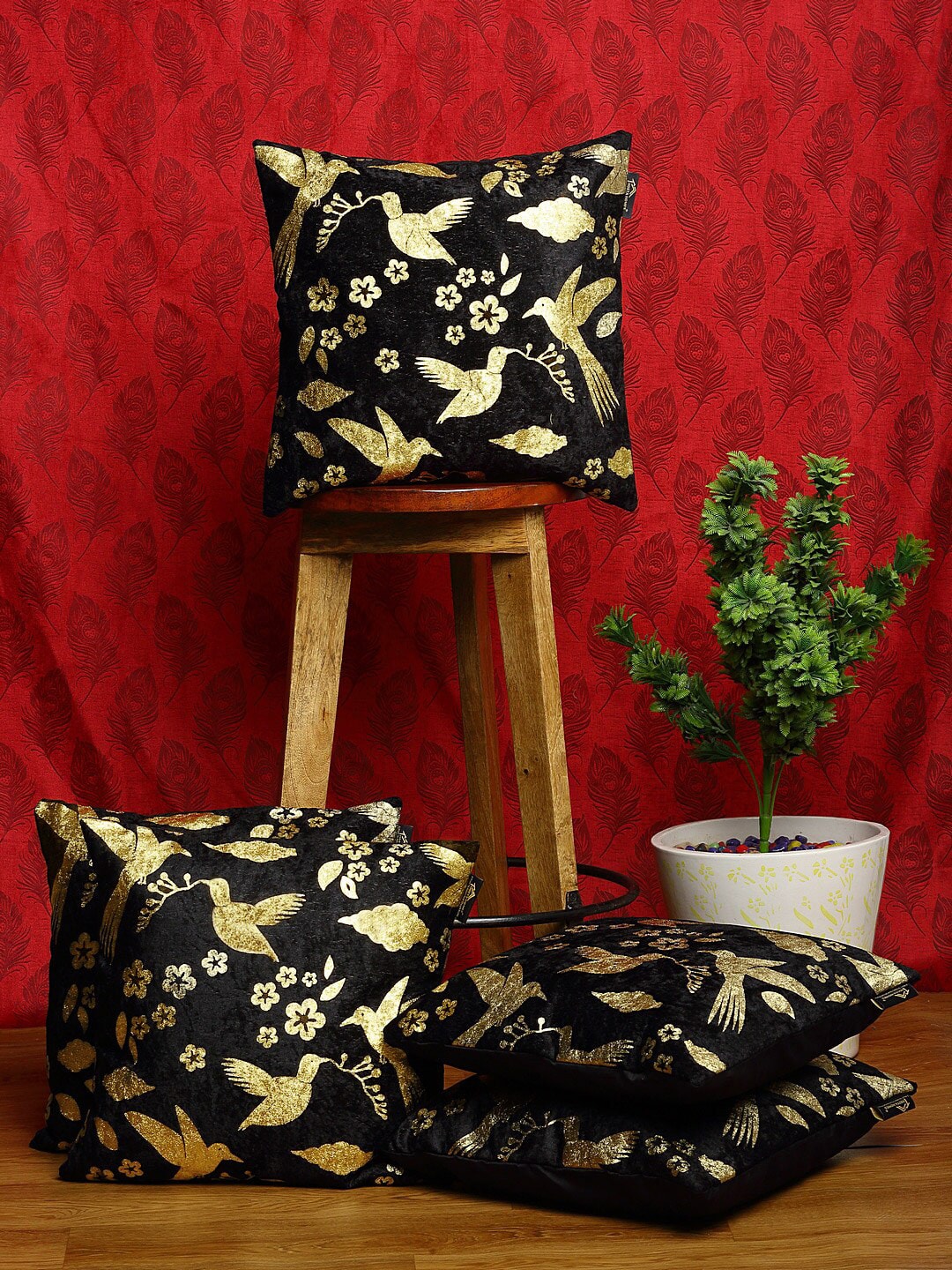 HOSTA HOMES Black & Gold-Toned Set Of 5 Floral Printed Square Cushion Covers Price in India